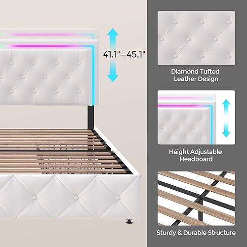 Miniatura 4 de Base de cama Queen con cabecera LED ajustable blanca, marco de cama tapizado de plataforma de metal con 4 cajones de almacenamiento debajo de la