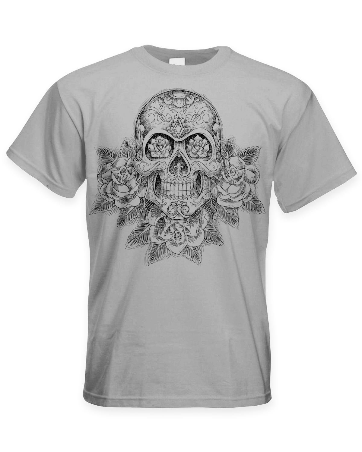Tribal T-Shirts Men's Light Grey Skull And Roses Tattoo Large Print T-Shirt (Large, )