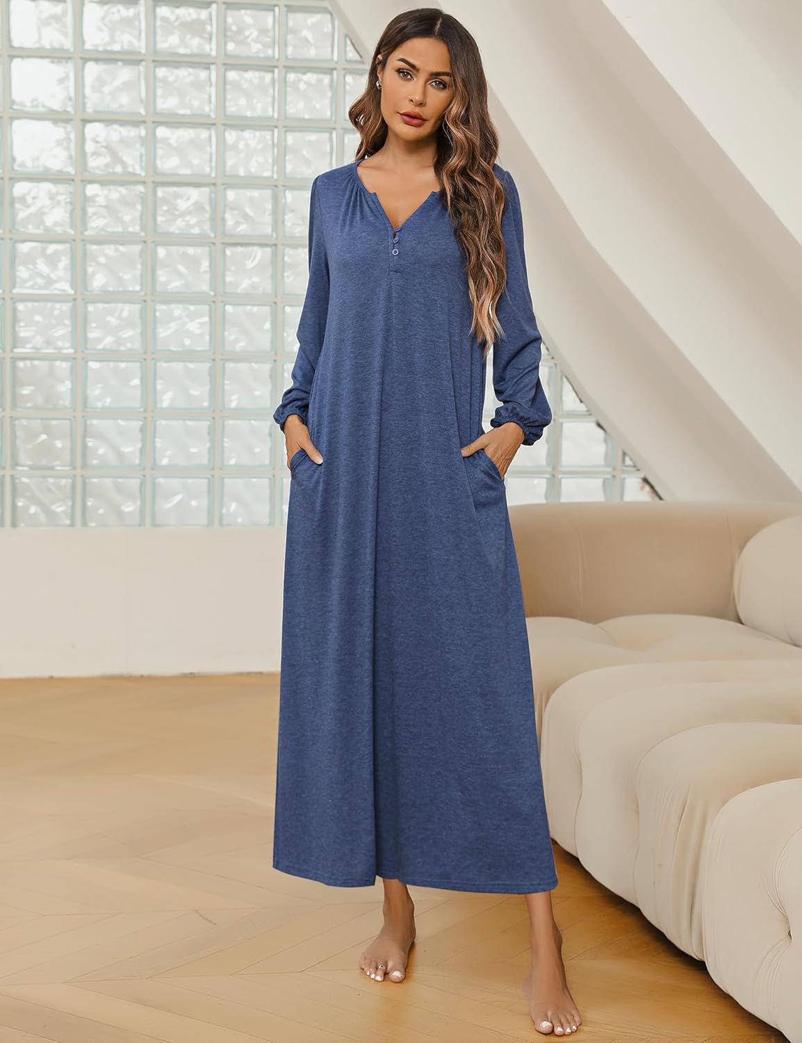 Marvmys Womens Cotton Long Sleeve Nightgown Long Sleepshirts Full Length Henley Sleep Dress with Pockets - Image 3