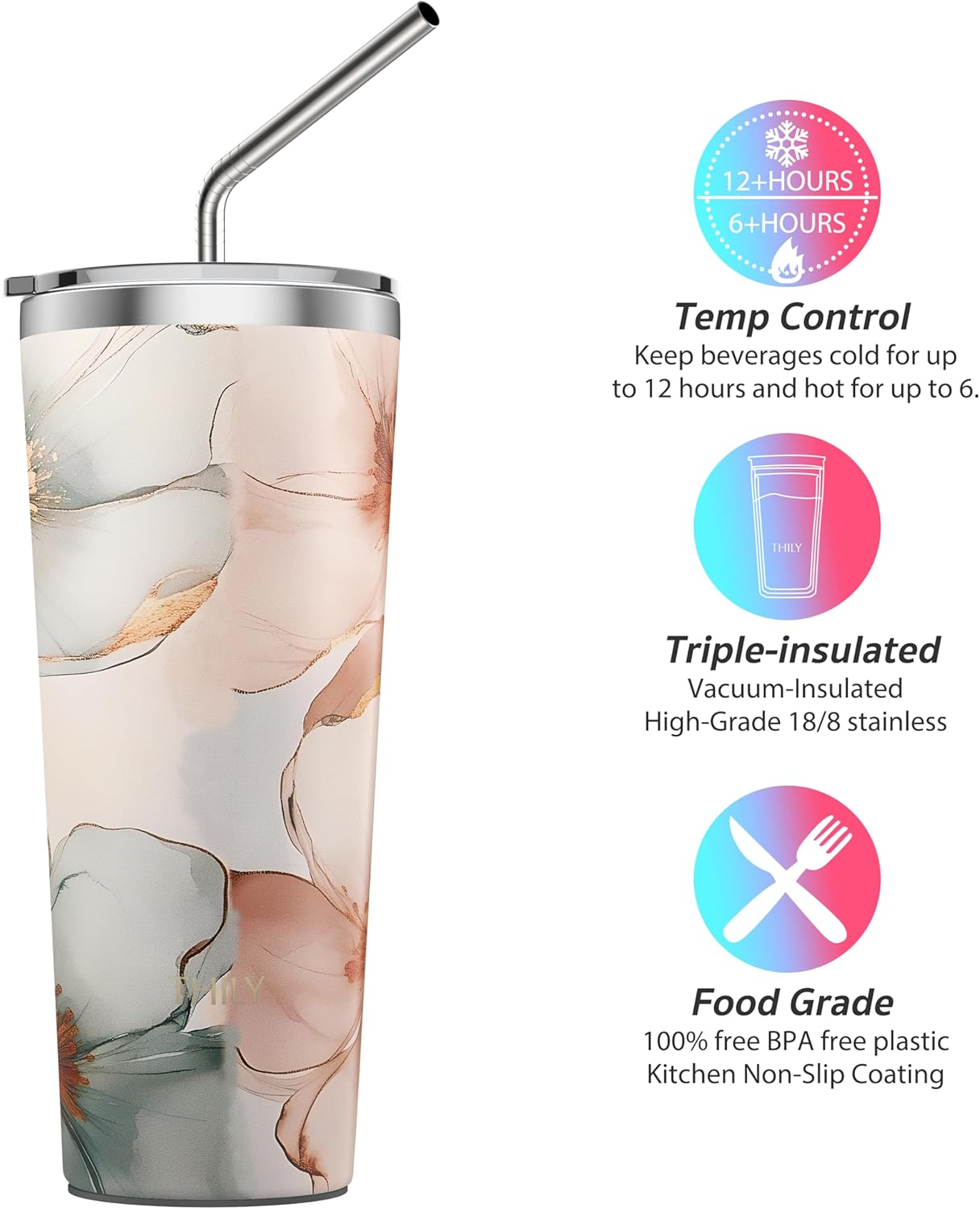 THILY Stainless Steel Vacuum Insulated Tumbler 26 oz Travel Mug Wide Mouth Coffee Cup with 2 Lids and Straws, Splash Proof, BPA Free, Keep Iced Drinks Cold, Golden Bloom Whispers - Image 3