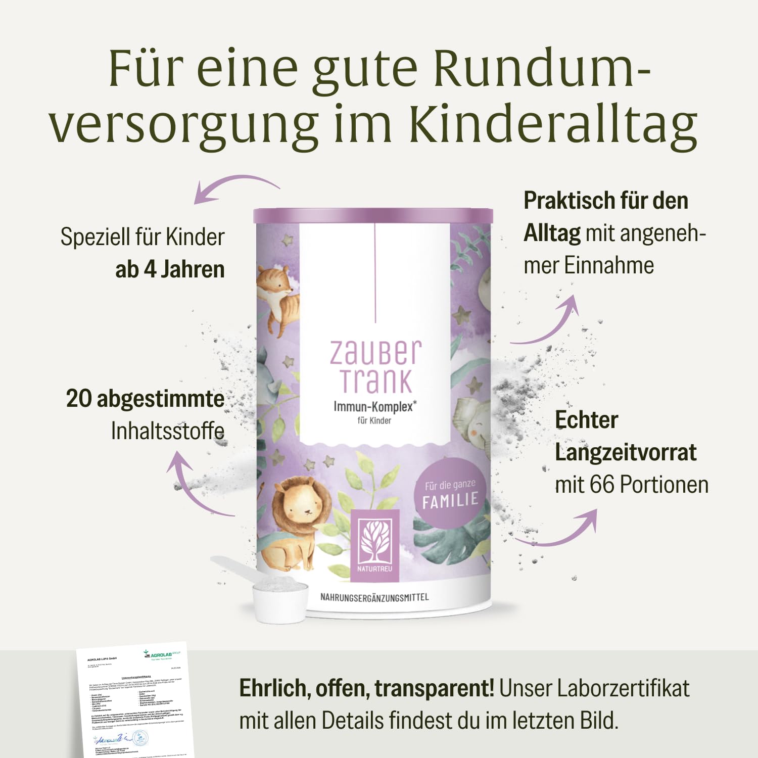 NATURTREU® Kinder Immun Komplex Multivitamin Pulver | 19 Vitamine, Mineralien und Nährstoffe für das Immunsystem stärken Kinder * - Vorteilsbundle 3er Paket - 198 Portionen