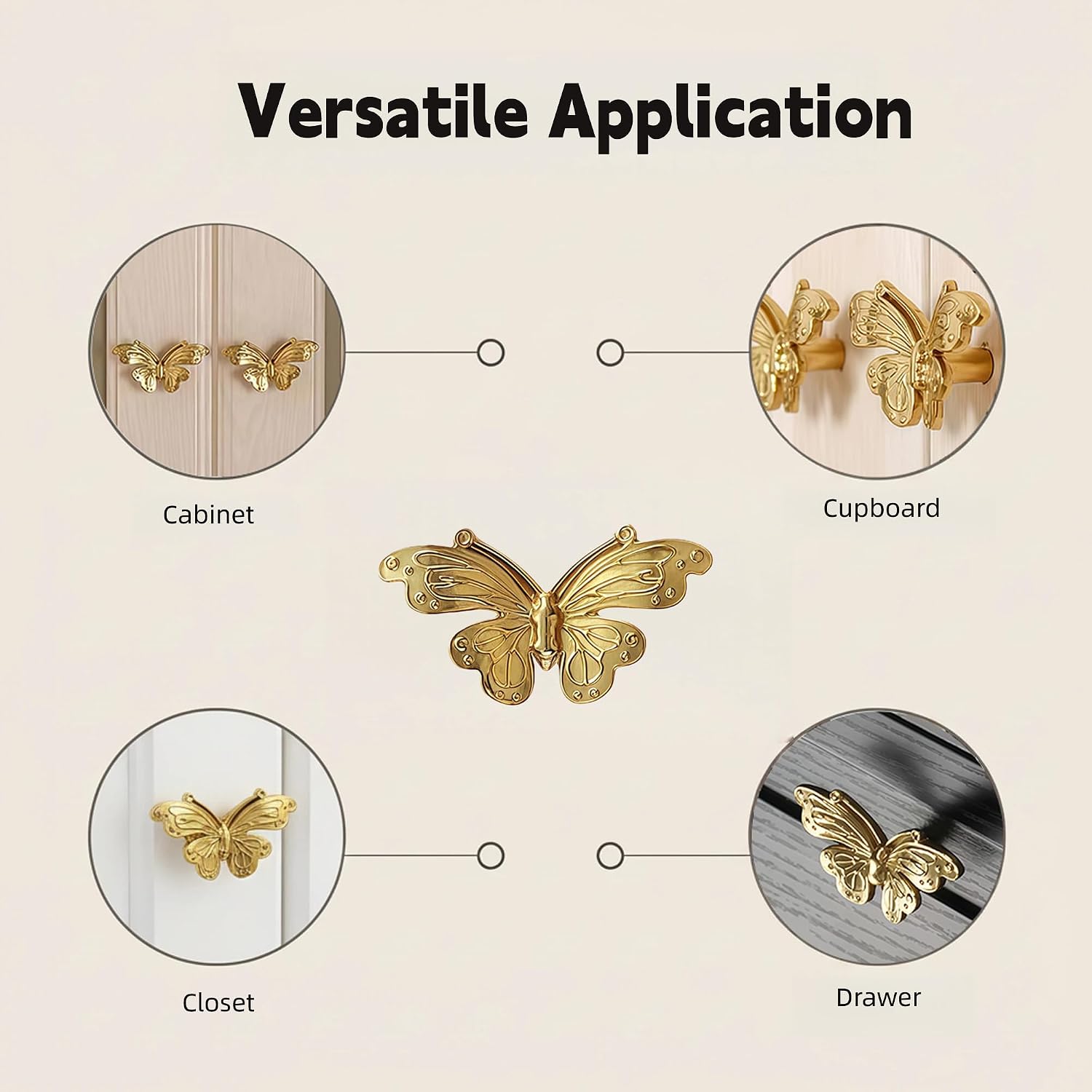 Gold Butterfly Kitchen Cabinet Knobs - Brass Dresser Drawer Handles Single Hole Bedroom Dresser Pulls Modern Furniture Hardware for Closet Cupboard (2 Pcs