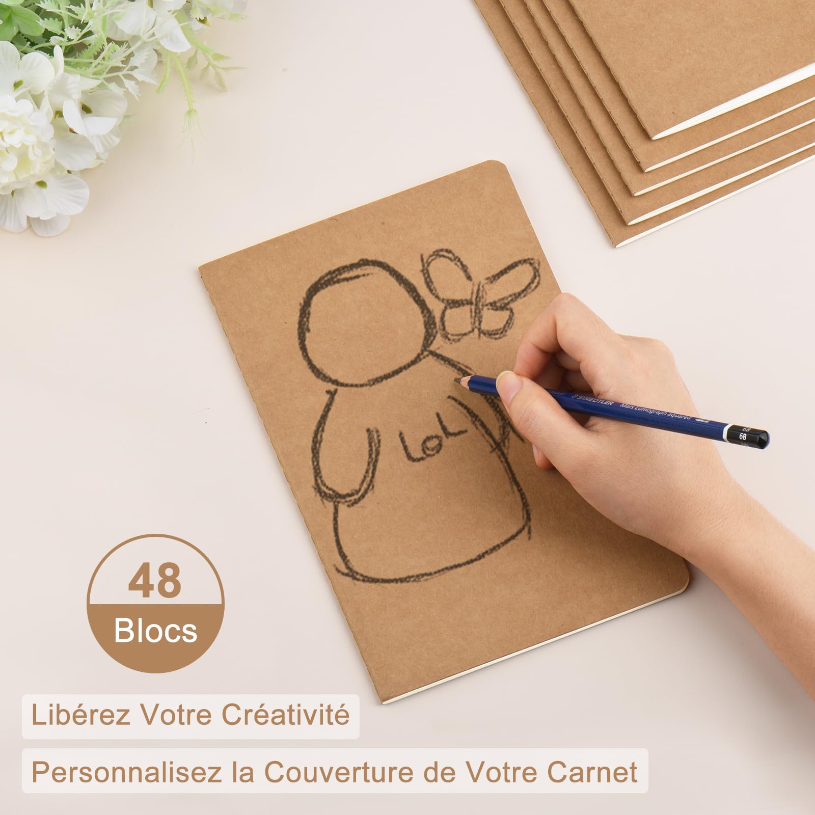 ZCZN A5 Cahiers Lignés Kraft 60 Pages par Bloc，Lot of 48 Blocs Carnet de Notes，80 gsm，Bloc Note Carnet Dessin，30 Feuillets Vierge