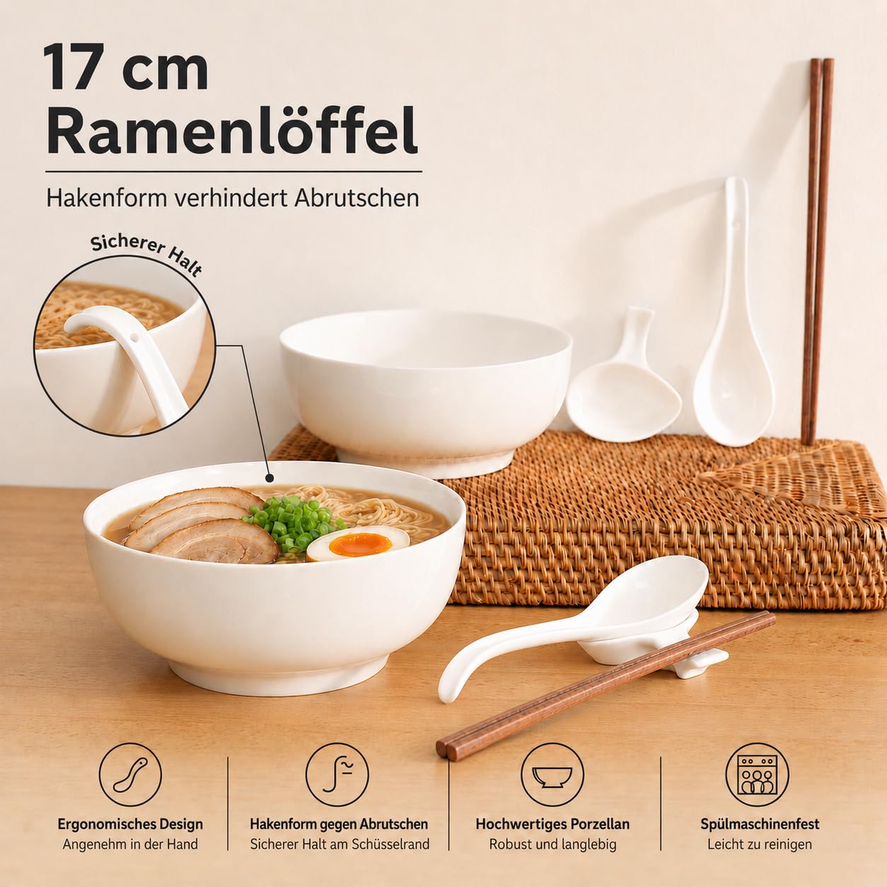 Urban Lifestyle Set Cuencos Ramen para 2 Personas Ø 17,5 cm 1200 ml, New Bone China Blanca, Cuencos para Ramen con Cucharas, Palillos Japoneses y Cuencos Pequeños, Cuencos Sopa
