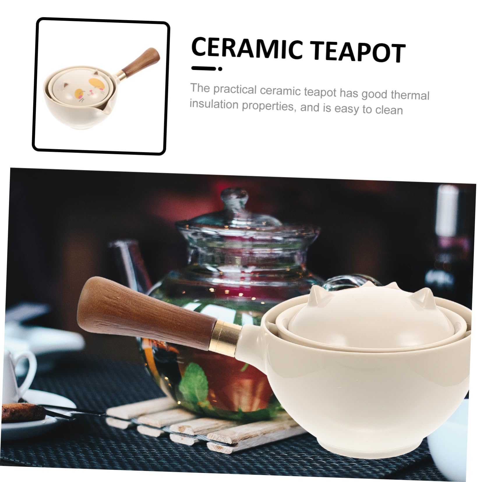 Teiera Tradizionale Cinese in Ceramica Resistente al Calore con Manico Laterale e Filtro Integrato Rotante per Infusione Kung Fu Design Elegante con Motivo Gatto della Fortuna