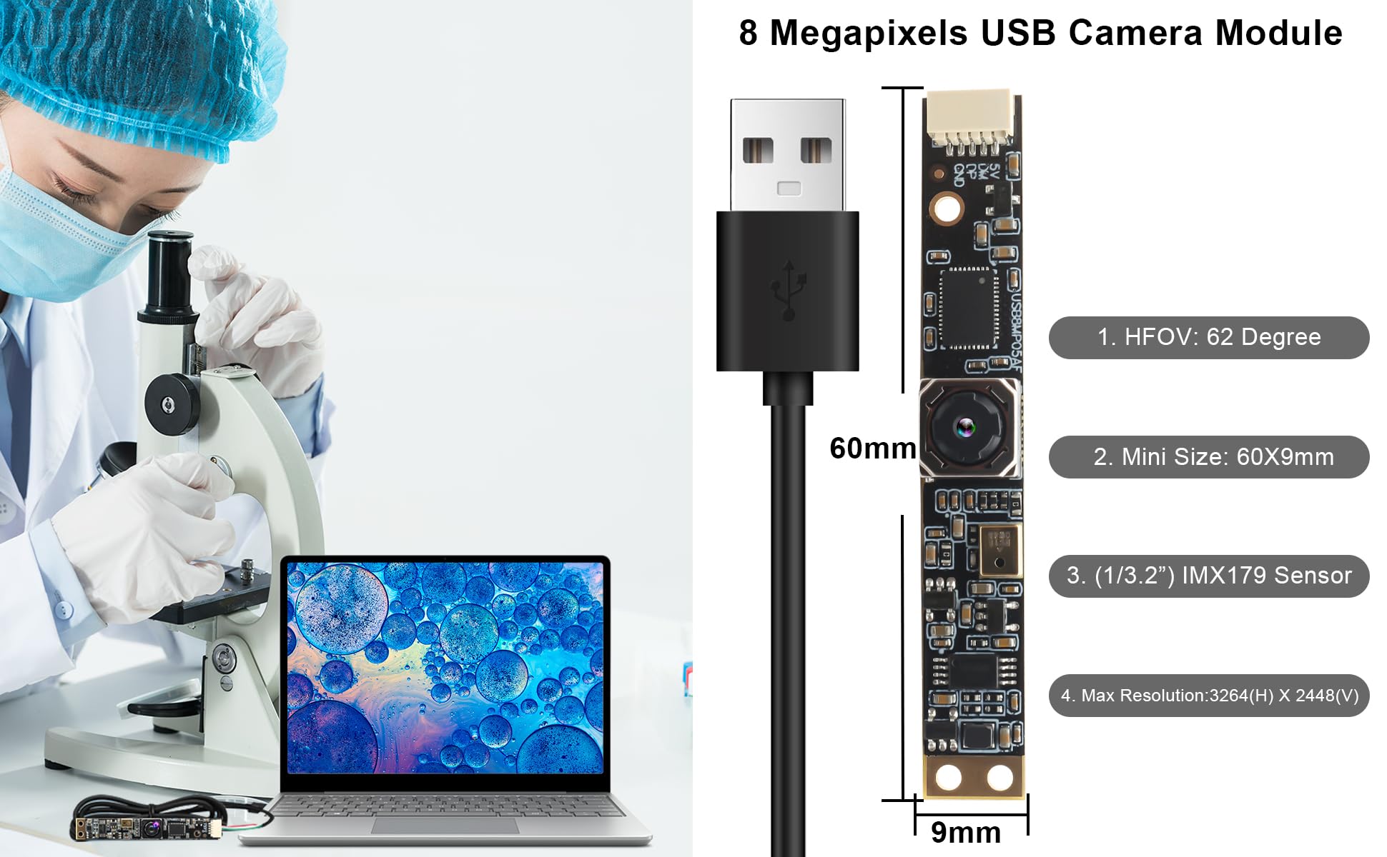 ELP Autofocus - Modulo fotocamera USB da 8 MP, fotocamera USB con microfono per computer 4K, scheda fotocamera USB, colore 2448P Lightburn, con obiettivo da 62 gradi, senza distorsione, per laptop
