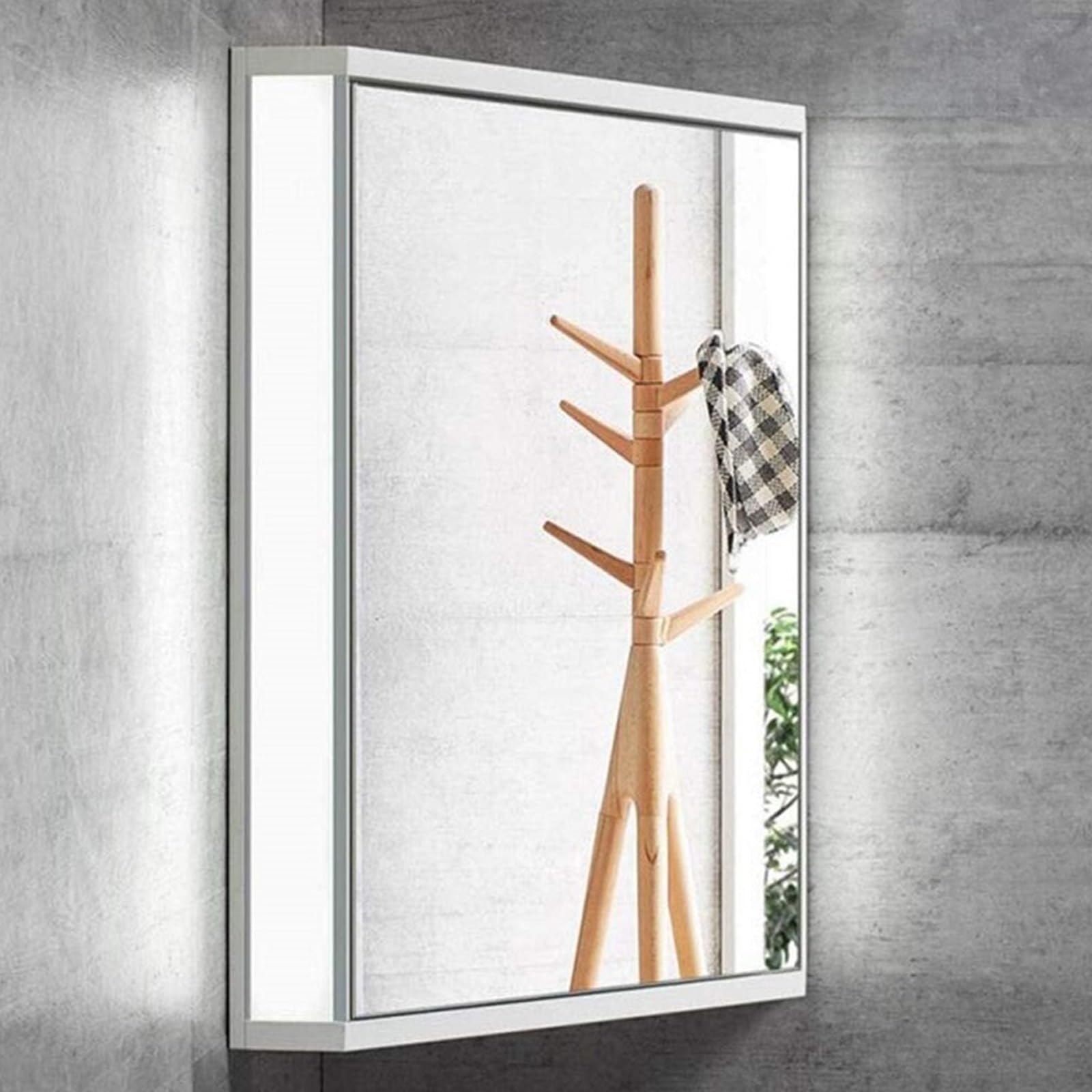 Armario Esquinero de Baño Blanco con Espejo e Iluminación LED Gabinete Triangular Montado en la Pared Almacenamiento Ahorra-Espacio con Estantes