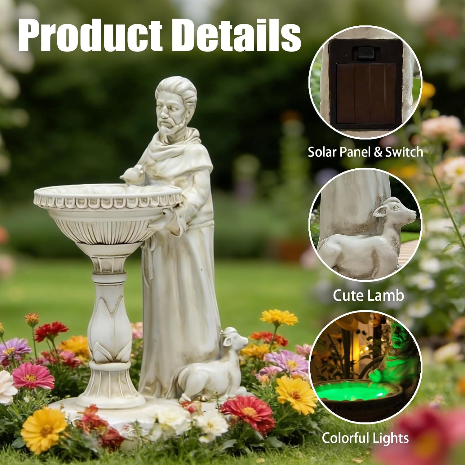 St Francis Garden Statue Outdoor Solar Garden Decor Resin Colorful Lights St Francis Statue with Bird Bath Feeder for Yard Patio Lawn Decoration Religious Gardening Gifts 4.5 * 6.5 * 10.5 in