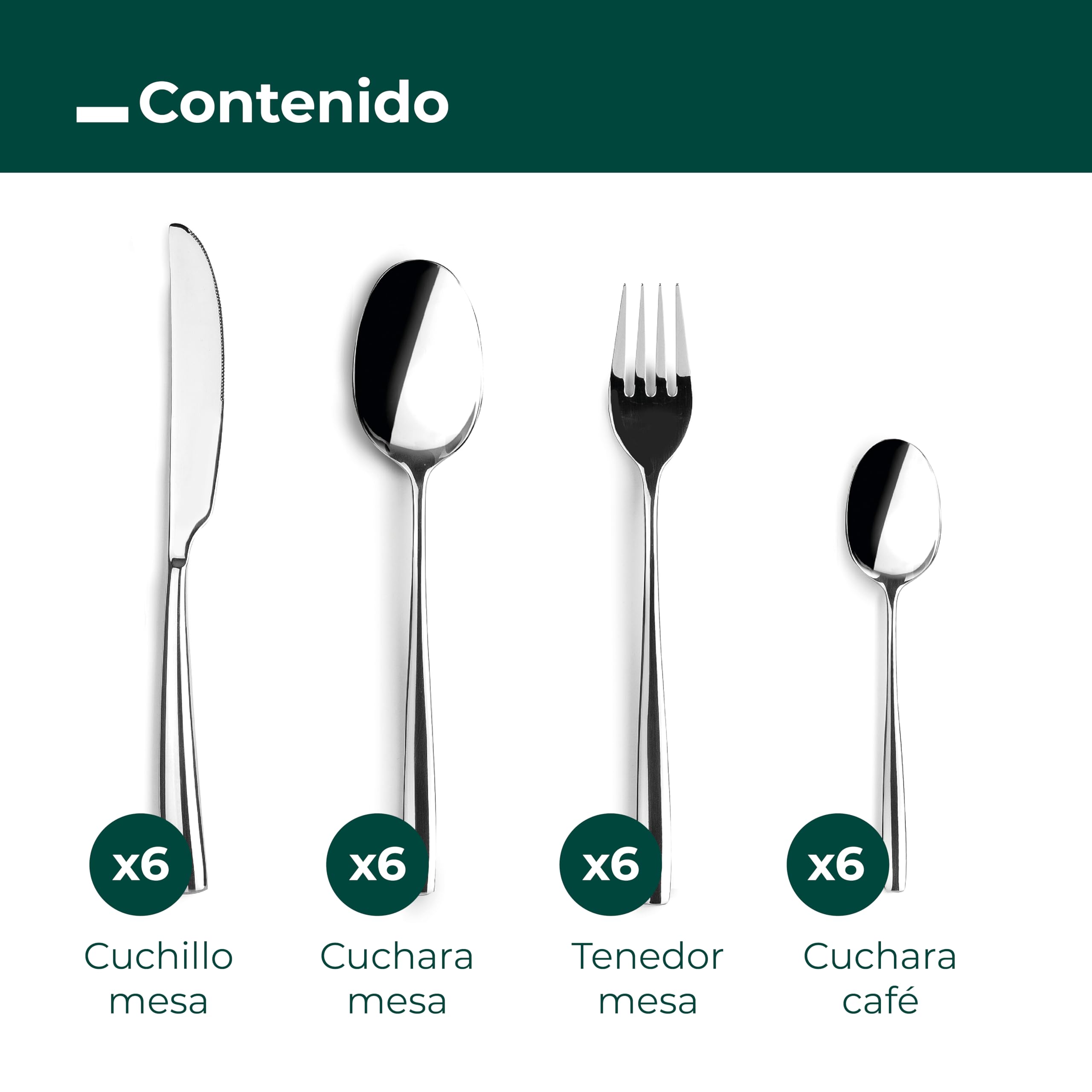 JAY - 16080524 - Juego de Cubiertos para 6 Personas, Pack 24, Acero Inoxidable 18/10, Serie Ópalo, Grosor 4 mm, Cuchara, Tenedor, Cuchillo y Cucharilla Aptos para Lavavajillas, Plateado