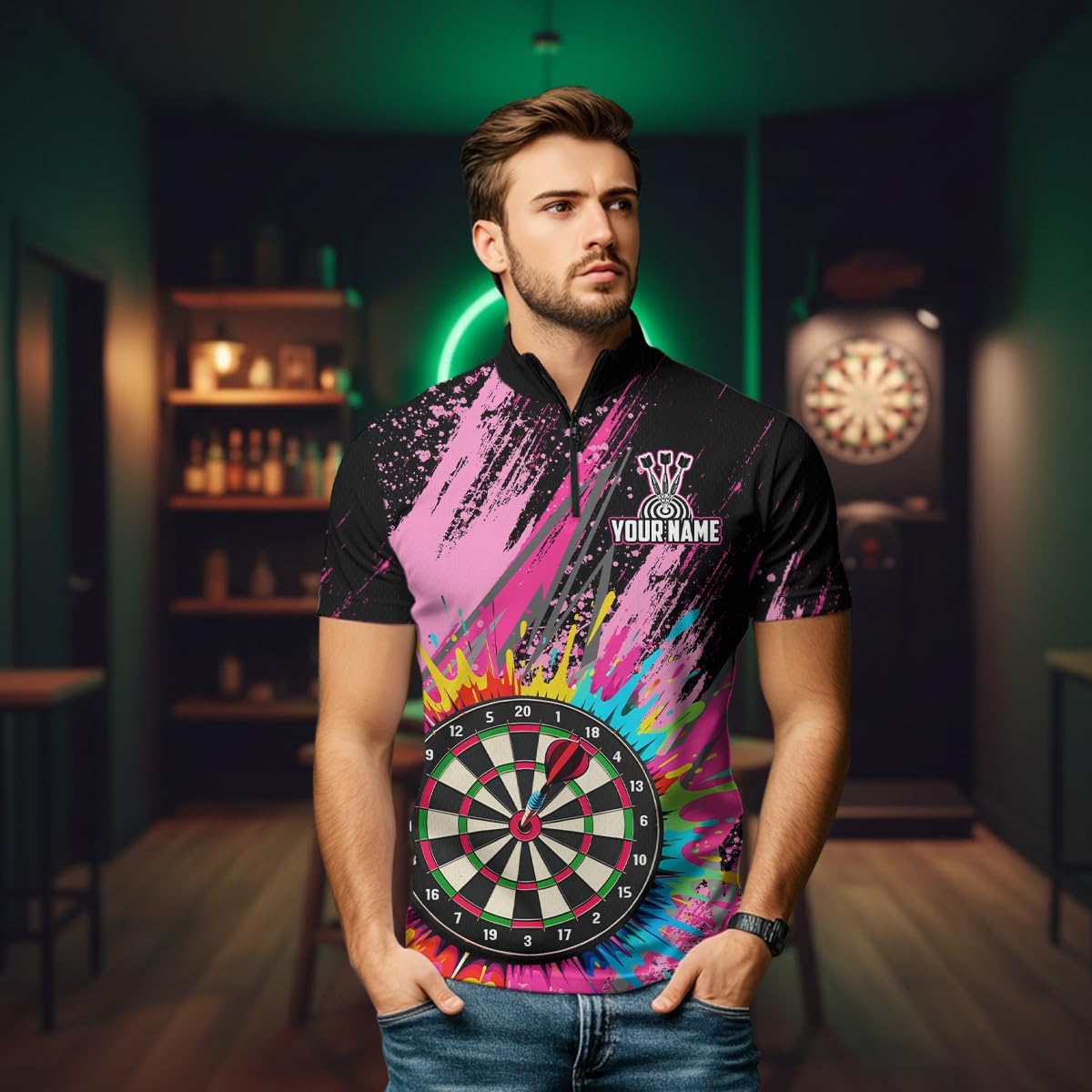 Pink Dart Shirt for Men Women Team Dart Shirts Custom Pink Dart Jersey Dartboard Shirt Polo & Quarter Zip Shirts
