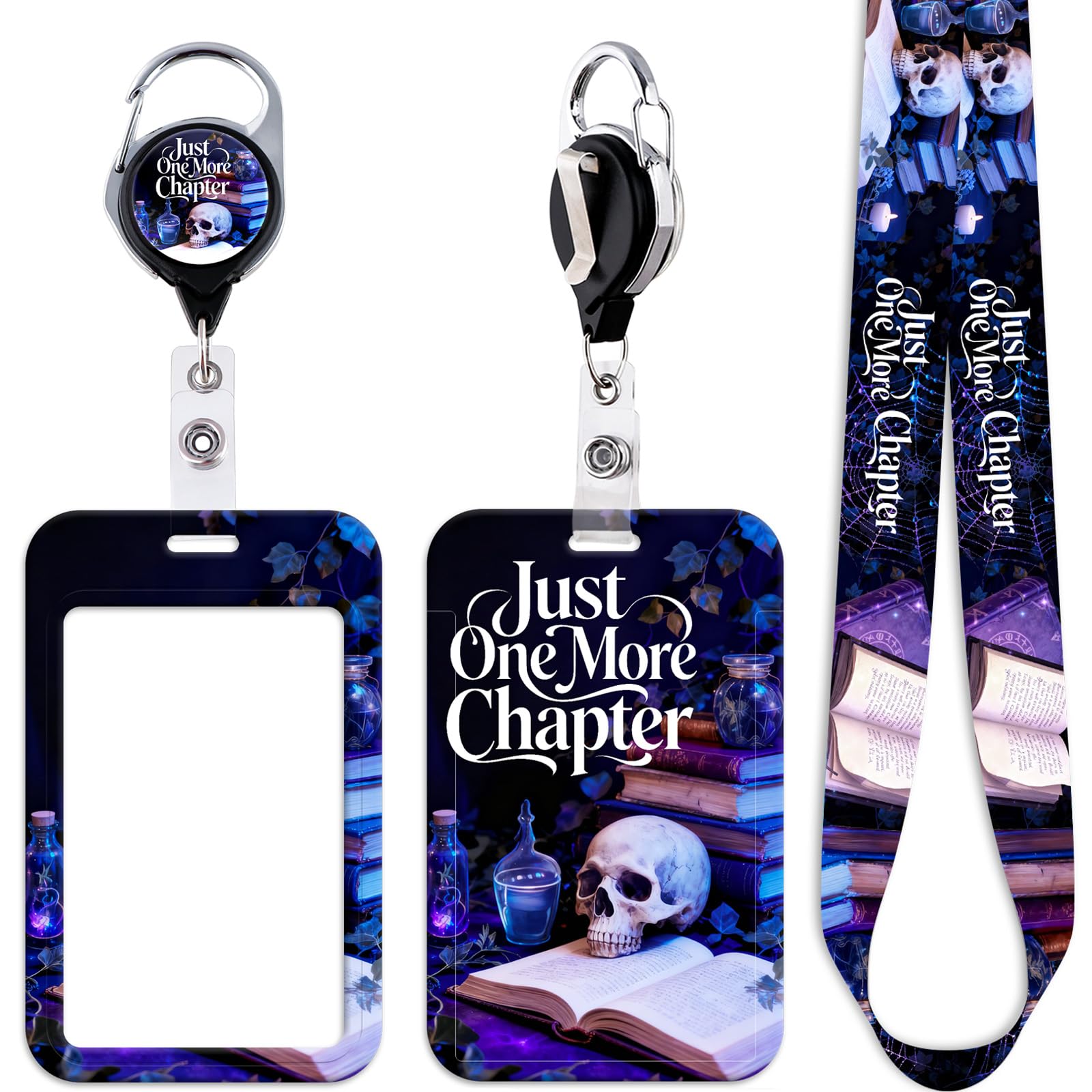 Cool Skull Badge Reel with Purple Books ID Card Holder Lanyard Goth Keychain Heavy Duty Retractable Badge Holder Reel Clip Teachers Lanyard ID Holder for Keys Name Tag for Office Staff & School ID — image 1