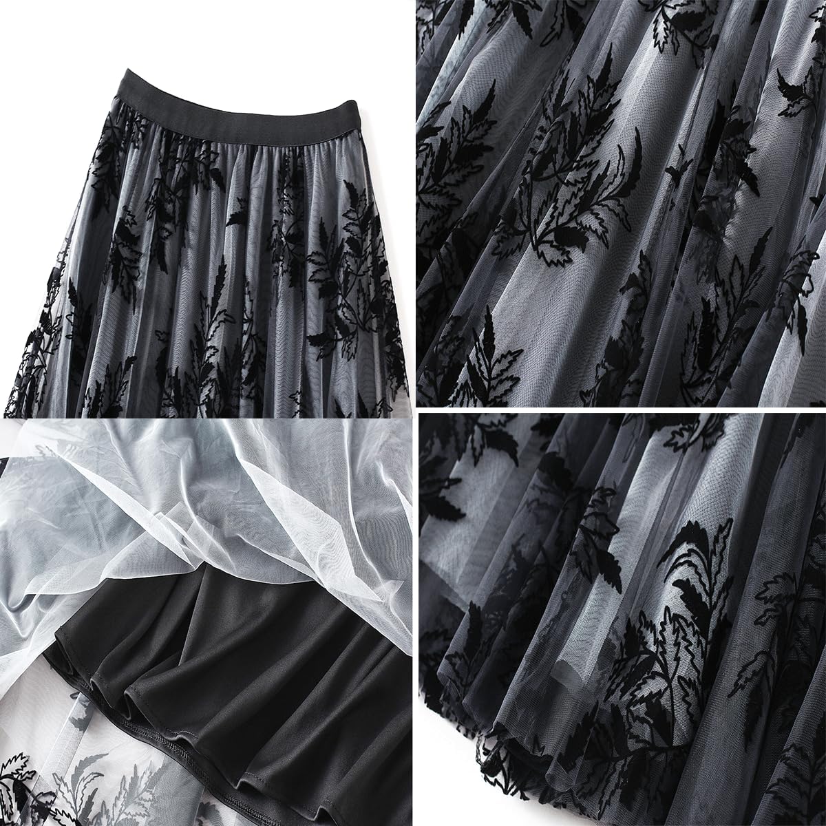 Women's Midi Length Skirt Layered Tulle A Line Skirts Embroidery/Floral Print Elastic Waist - Image 2