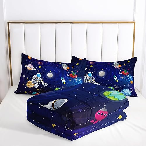 Miniatura 5 de AILONEN Juego de edredón de astronauta tamaño individual, lindo juego de ropa de cama de astronauta para niños y niños, 3 piezas, 1 edredón y 2