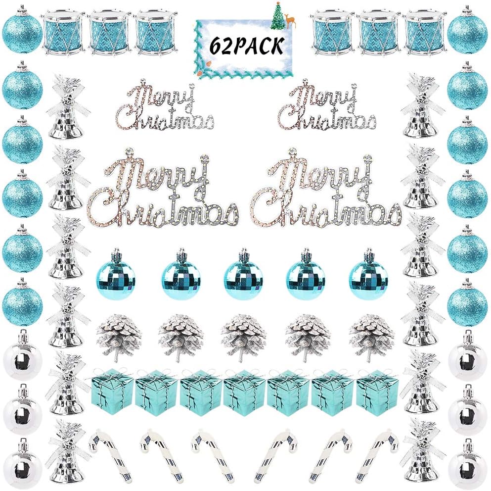 FUNARTY 62ct Christmas Ball Ornaments Assorted Shatterproof Christmas Tree Balls Decorations with Hand-held Gift Package for Xmas Tree Holiday Wedding Party (Blue and Silver)