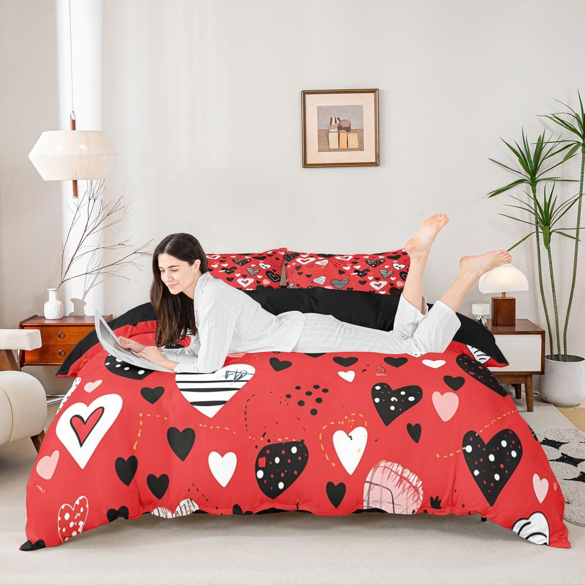 Homewish Miłość serce king size zestawy poszewek na kołdrę czerwona pościel w kształcie serca dla dzieci nastolatków romantyczna walentynkowa poszewka na kołdrę geometryczne paski zestaw pościeli