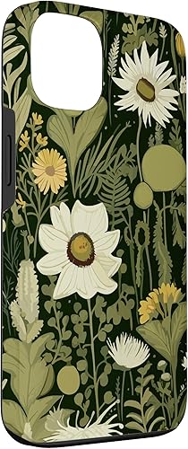 Miniatura 3 de iPhone 13 Wildflower, patrón de flores botánicas verdes, funda de flores silvestres boho