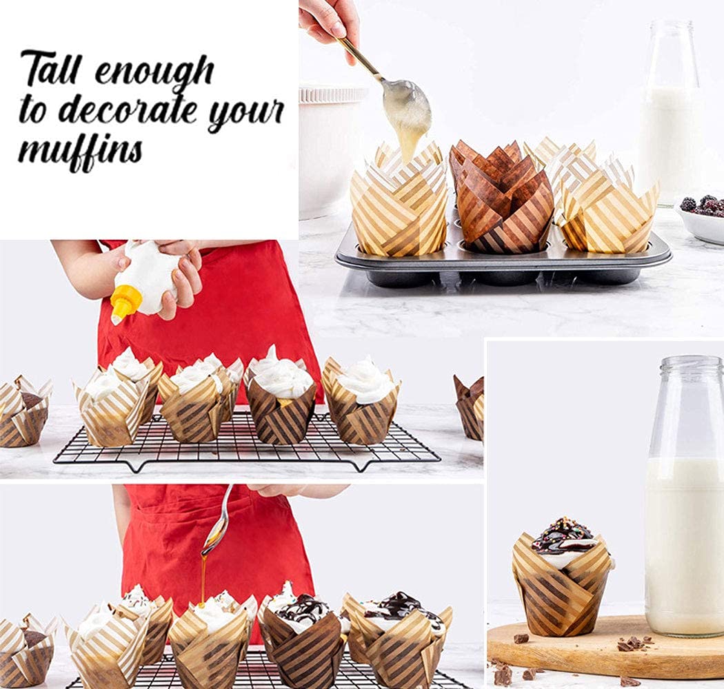Lot de 100 caissettes en papier sulfurisé pour muffins et muffins à rayures marron