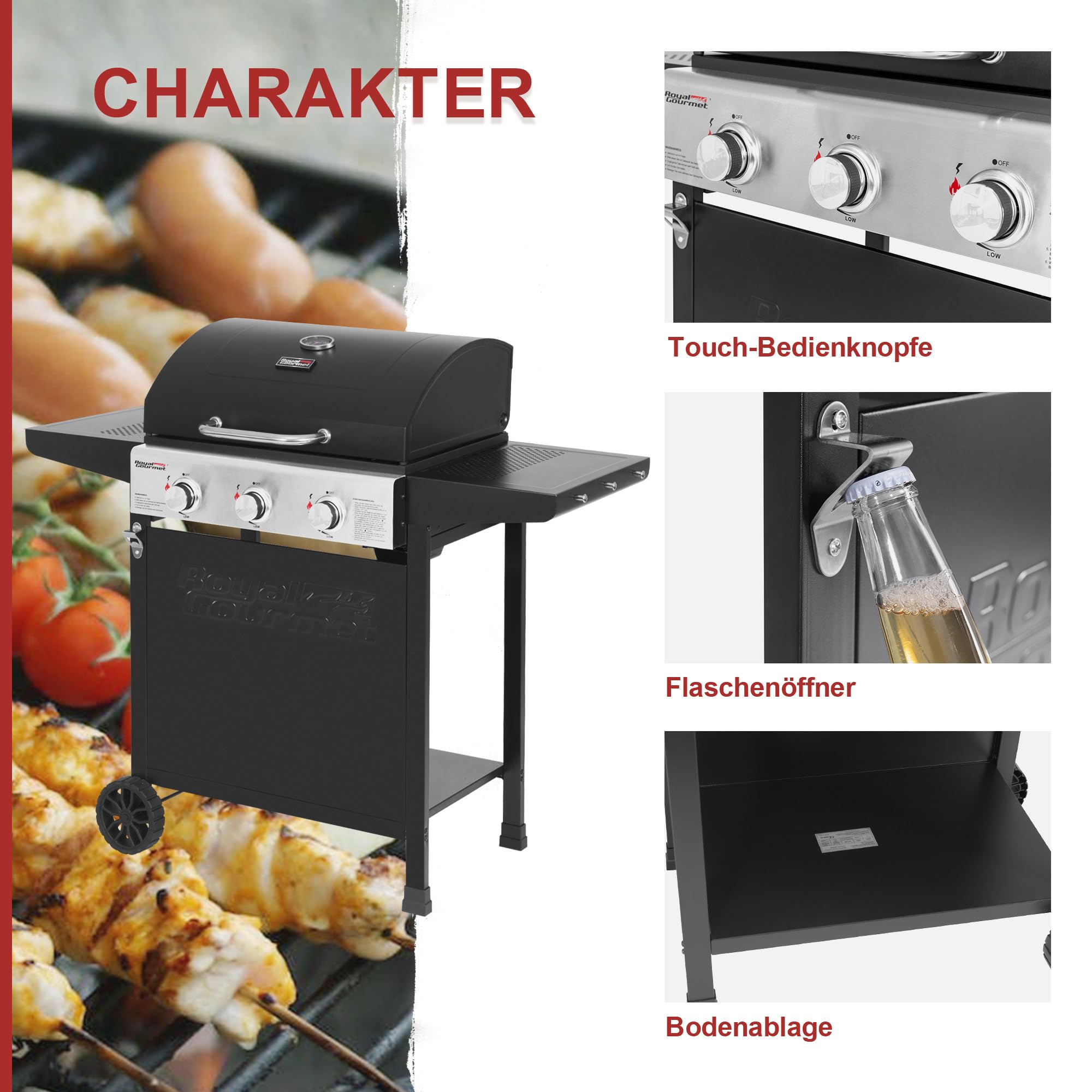 Royal Gourmet Gasgrill Grillwagen 3 Brenner 9 kW Camping Gaskocher mit Kochplatte, Gartengrill mit Flaschenöffner, Druckminderer und Gasschlauch Grillrost ca. 60 x 42 cm, Schwarz