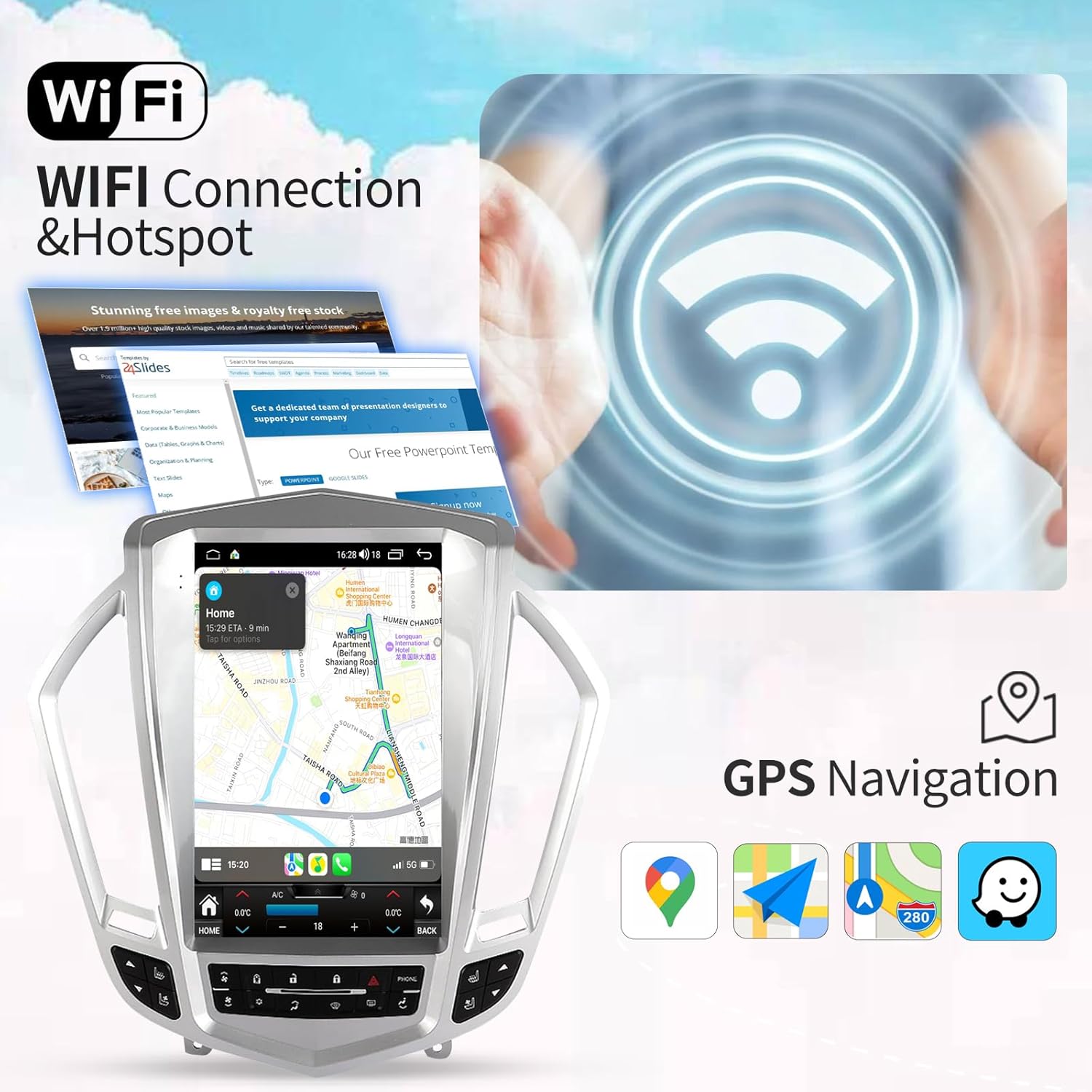 GPS Navigation and WiFi connectivity features on the car radio stereo