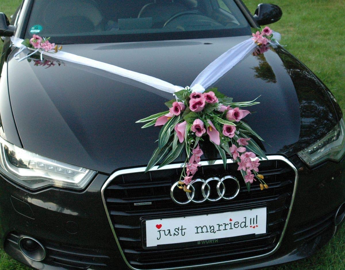 Autoschmuck – Décorations de voiture de mariage – Réalisées à partir de roses et de dentelle