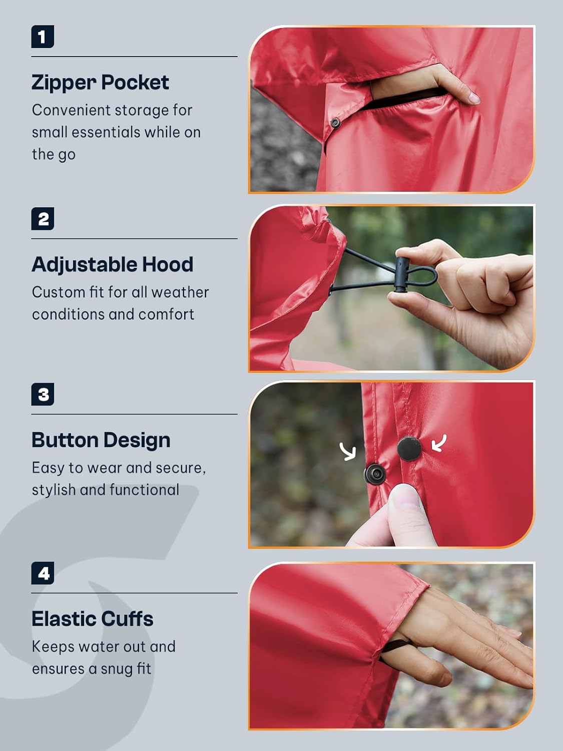 SaphiRose Unisex Rain Poncho Waterproof Raincoat Hooded for Adults Women with Pockets - Image 4