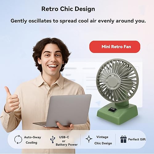 Miniatura 5 de Sourcingbay Ventilador de escritorio retro de 4 pulgadas, alimentado por USBbatería, oscilación continua de 2 velocidades, mini ventilador de