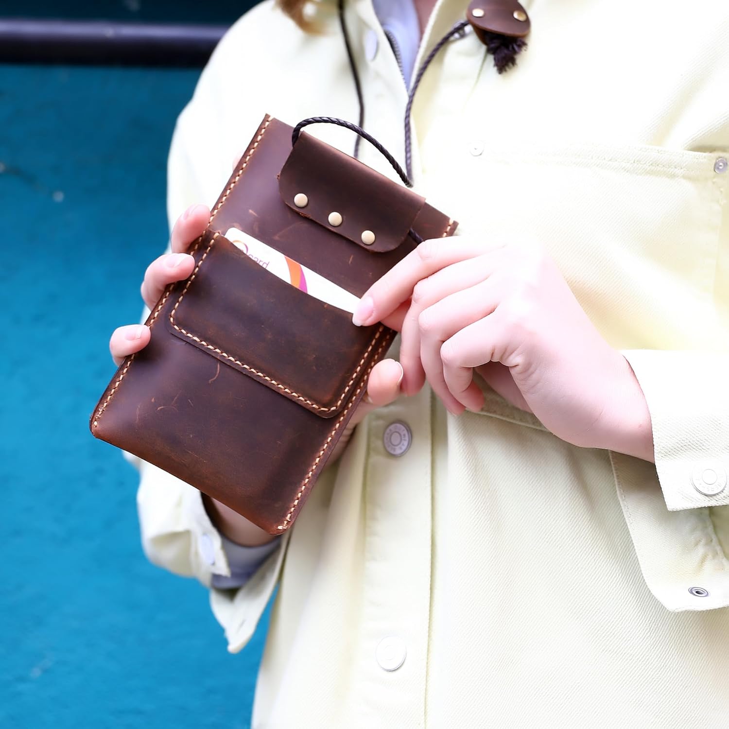 100% Handmade Genuine Leather Crossbody Phone Bag for Women, Personalized Shoulder Bag for Phone and Credit Cards, Dark Brown