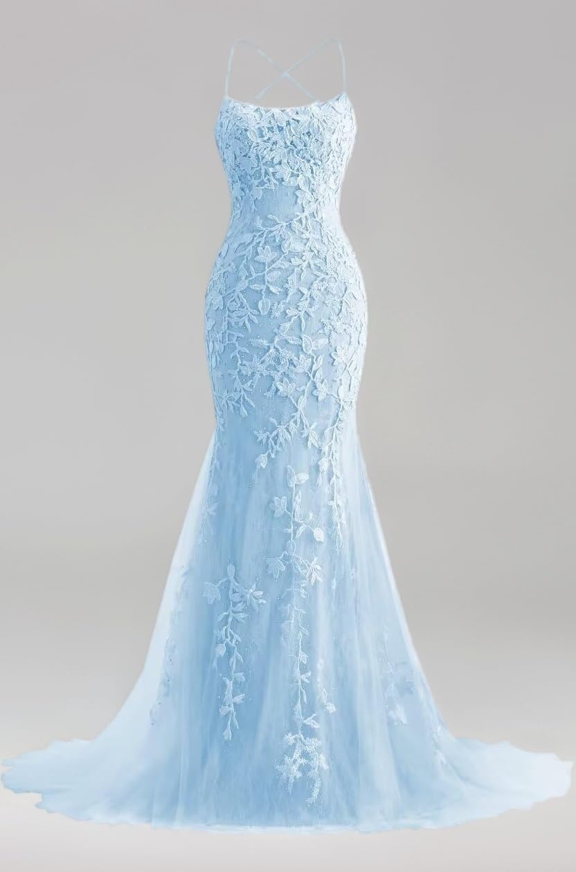 Mermaid Prom Dresses 2025 Spaghetti Straps Evening Gowns Lace Applique Floral Formal Dresses for Women