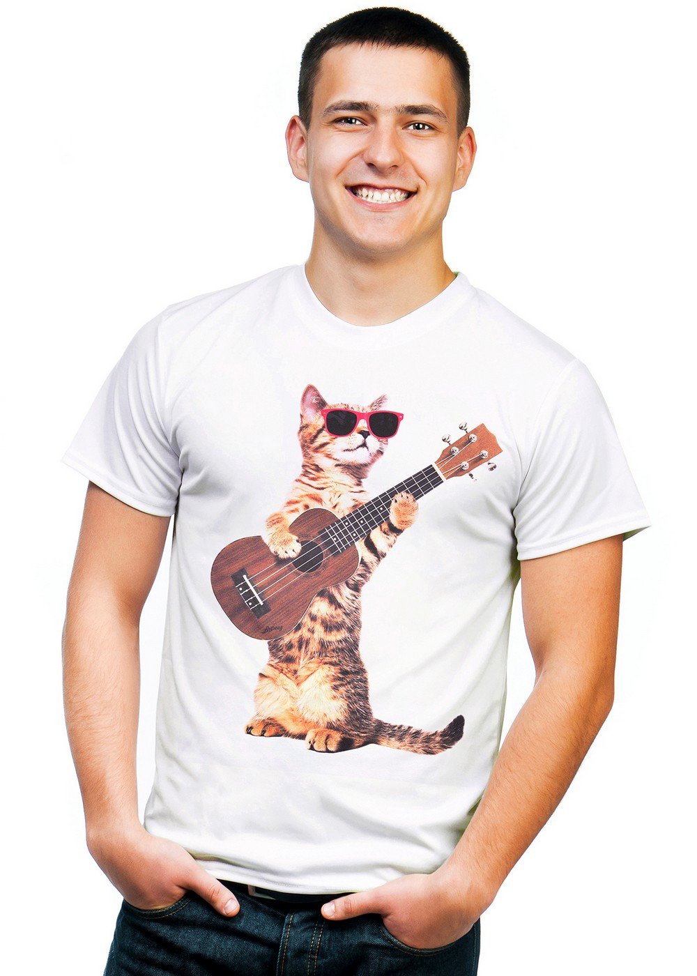 Retreez Funny Cat with Shades Play Ukulele Music Graphic Printed T-Shirt Tee