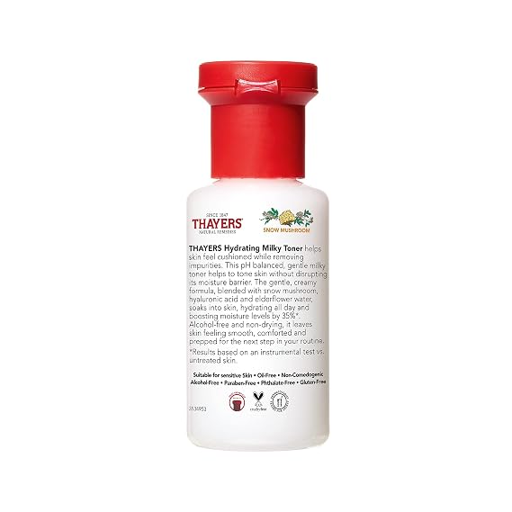 THAYERS Milky Hydrating Face Toner with Snow Mushroom Tremella, Hyaluronic Acid and Elderflower, Dermatologist Recommended Gentle Alcohol Free Skincare for Dry & Sensitive Skin, Paraben Free, 3 Fl Oz