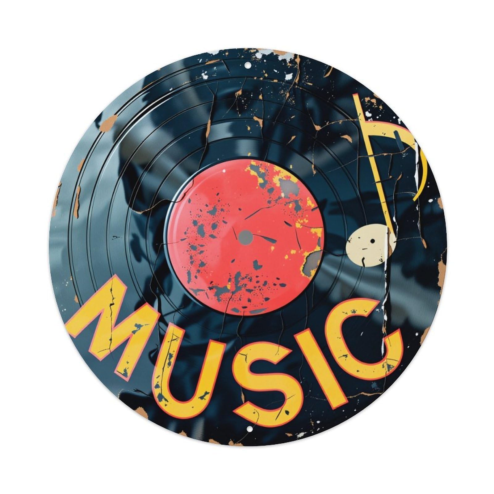 Music Vinyl Record With Cracks And Splatters Round Vintage Tin Sign,Retro Wall Art,Metal Poster for Home, Bar, Garage, Cafe, Rustic Indoor & Outdoor Decor, 8x8 Inches