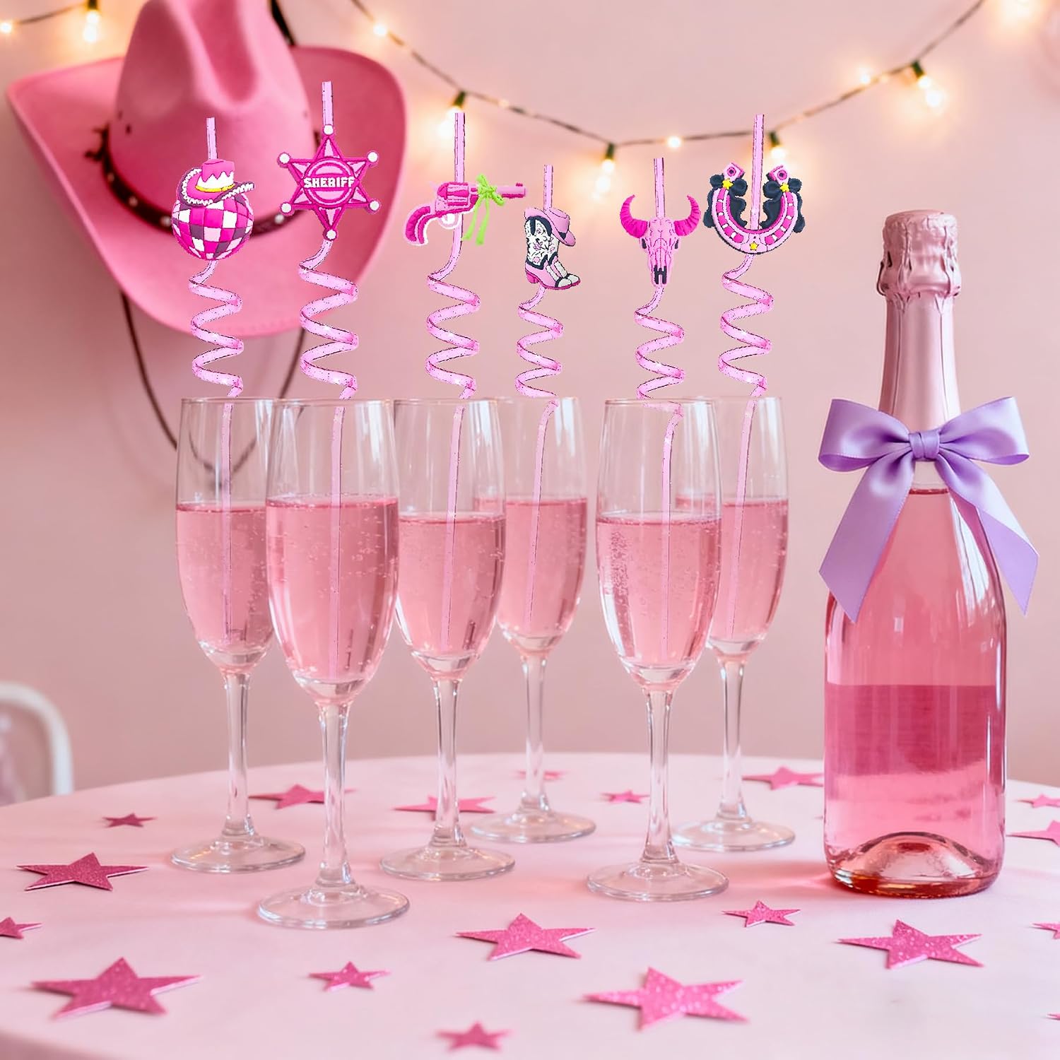 24 Reusable Pink Cowgirl Spiral Drink Straws for Western Rodeo Party Favors
