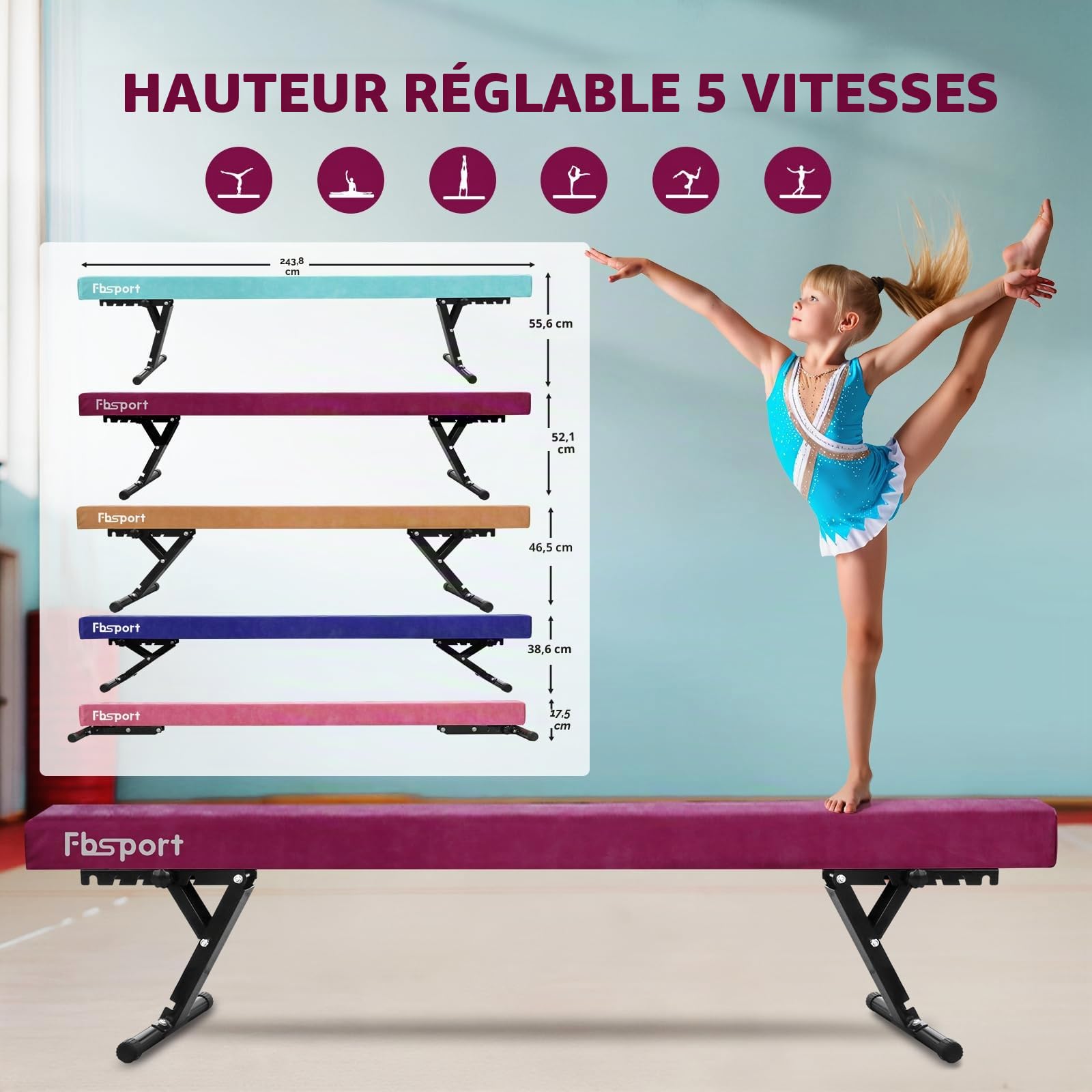 FBSPORT Poutre Gymnastique Pliable réglable 244cm, 5 Hauteur réglable Haute et Basse Poutre de Plancher Haute stabilité Enfants/Adultes Gymnase Pratique équipement d'entraînement