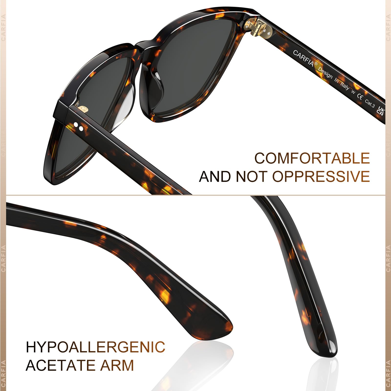 CARFIA Polarisierte Sonnenbrille Herren Für Autofahren Rechteckig Acetat Rahmen Retro UV400 Schutz Angeln Golf CA5354L | UV400-Schutz, Retro-Stil für Golf, Fahren im Freien