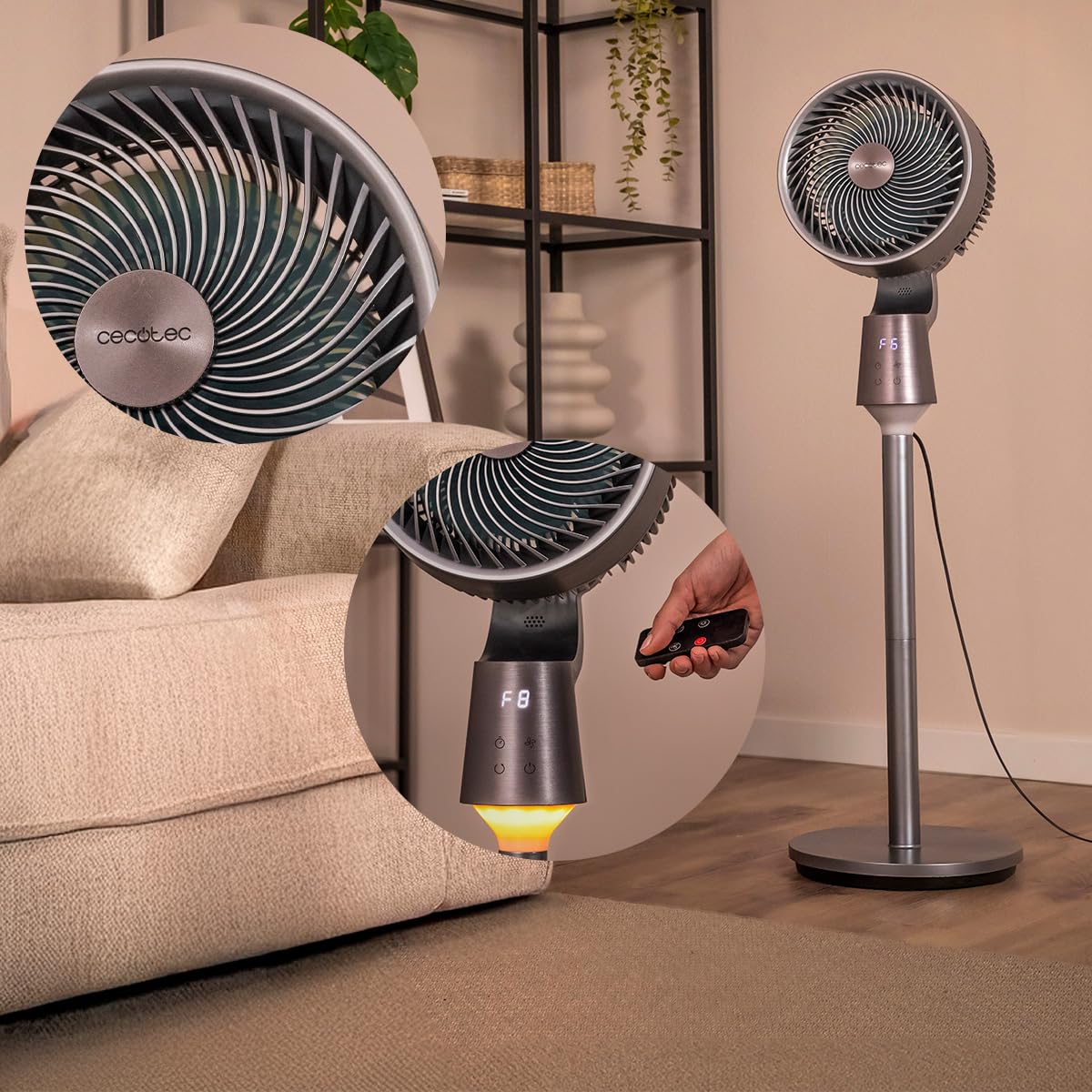 Cecotec Standventilator EnergySilence 1500 Cyclone Chantal. 50 W, 8 Geschwindigkeitsstufen, Touch-Bedienfeld, LED-Display, 12-h-Timer, LED-Beleuchtung, höhenverstellbar, Oszillation, Aromafach