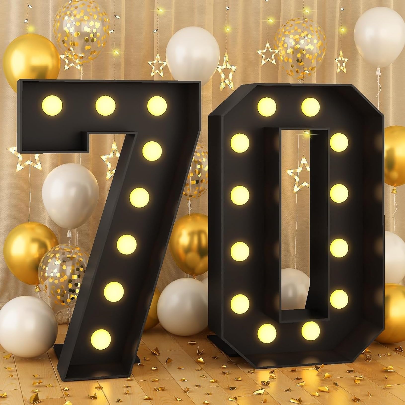 100cm-3.3ft Number 70 Decor Light Up Number for Birthday, Black Marquee Light Up Mosaic Pre-cut Foam Board Set for Balloons, Warm White Numbers Lamp Sign for Party