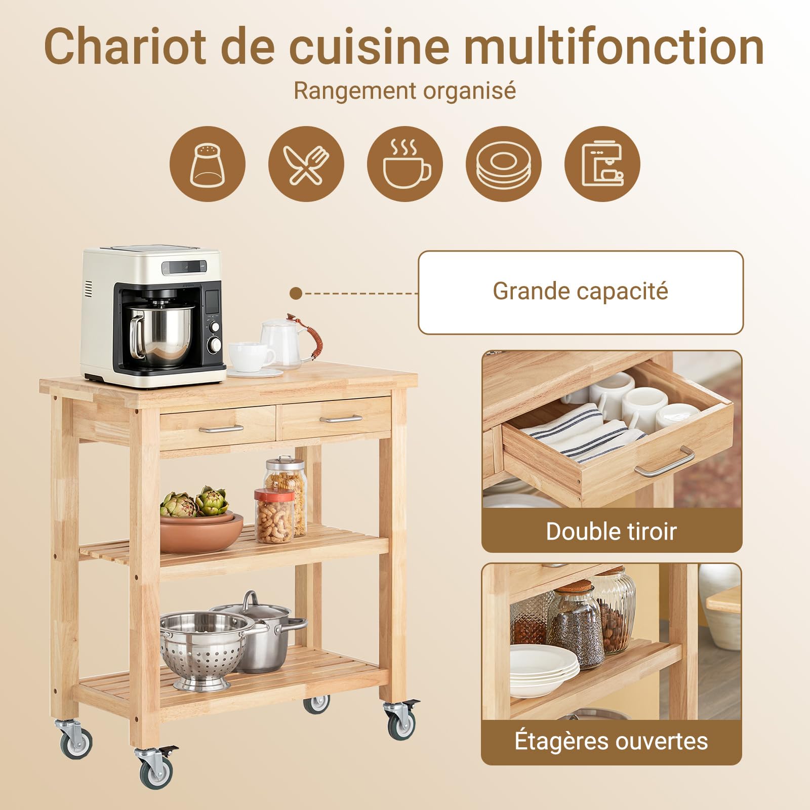 SoBuy Desserte de Cuisine à roulettes en hévéa, 2 tiroirs, 80×40×90 cm
