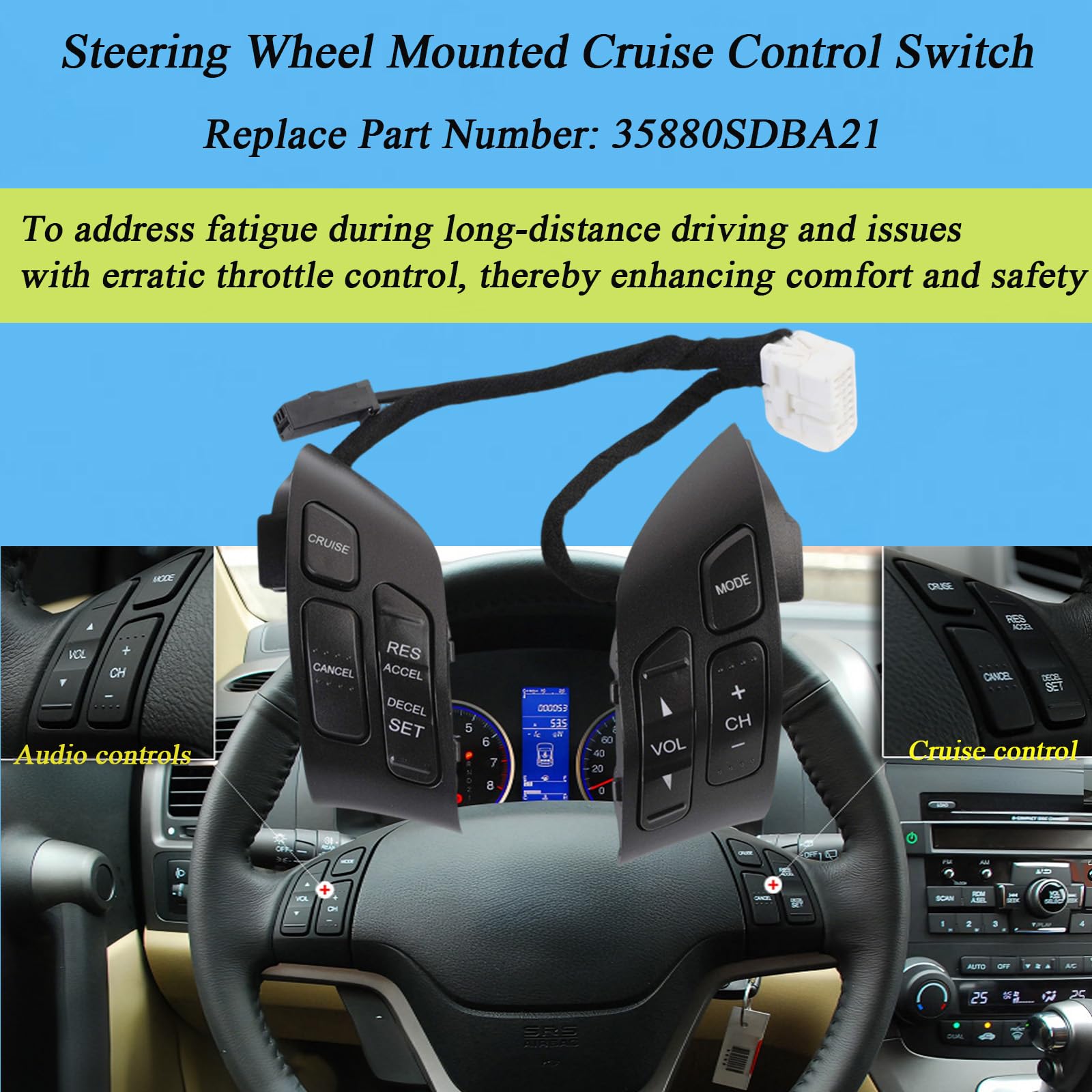 Botón de control de crucero de volumen montado en el volante, compatible con Honda Accord 2003-2007 Odyssey 2005-2010, reemplaza # 35880-SDB-A21, 35880-SDB-A01ZA