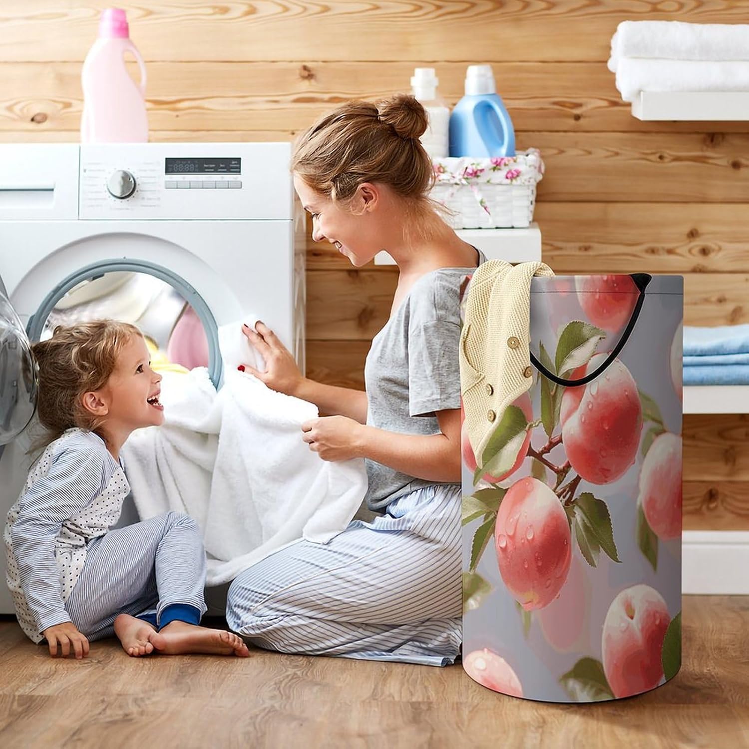 Pink Peach Laundry Hamper with Handles Large Collapsible Laundry Basket Waterproof Freestanding Dirty Clothes Basket Portable Clothes Hamper for Bathroom Bedroom Daily Use