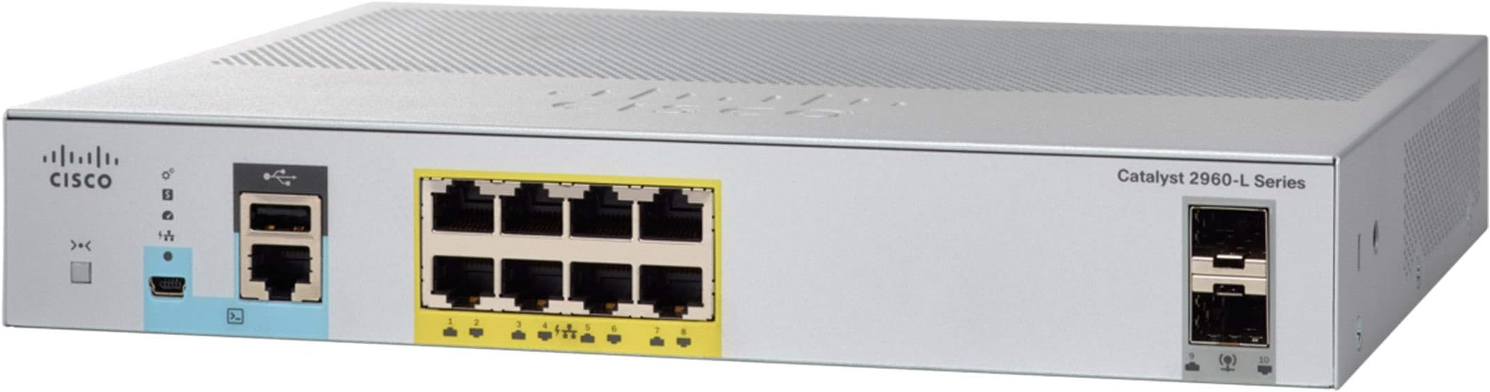 Cisco Catalyst 2960CX-8PC-L Network Switch, 8 Gigabit Ethernet Ports, 8 PoE+ Outputs, 124W PoE Budget, two 1 G SFP and two 1 G Copper Uplinks, Enhanced Limited (WS-C2960CX-8PC-L) white