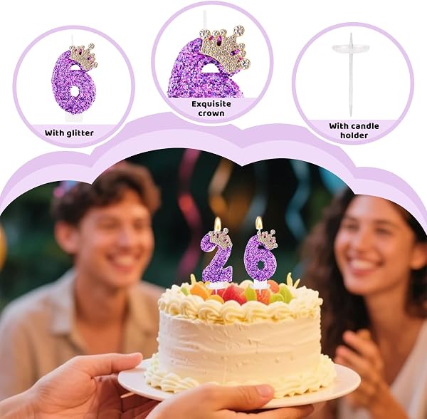 Bougies d'anniversaire Lilas, Bougies Couronne combinables avec Chiffre 6 pour gâteaux, Bougie Scintillante avec Le Chiffre 6 pour célébrations Anniversaires - 3