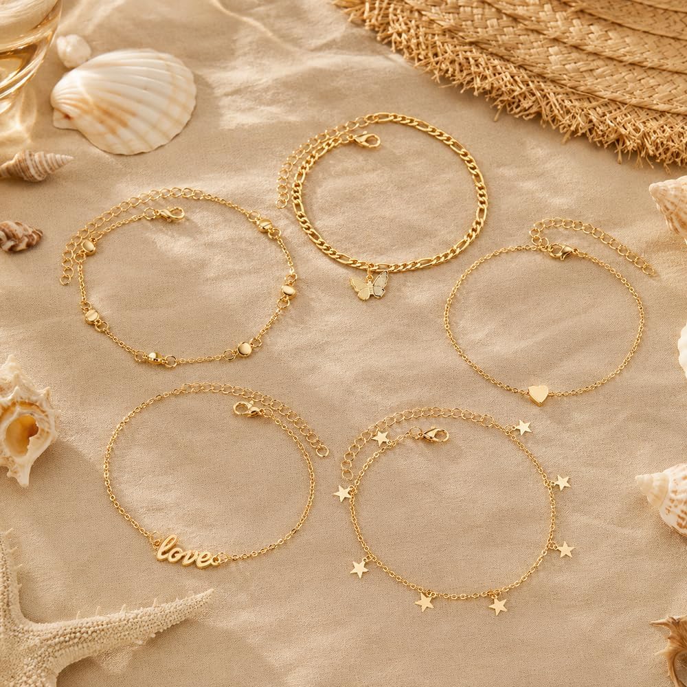 KISS WIFE 5 Pcs Gold Anklets for Women, Adjustable Layered Ankle Bracelets Set with Love Heart Star Butterfly Charms, Dainty Cuban Link Foot Jewelry for Beach Summer Party Gift