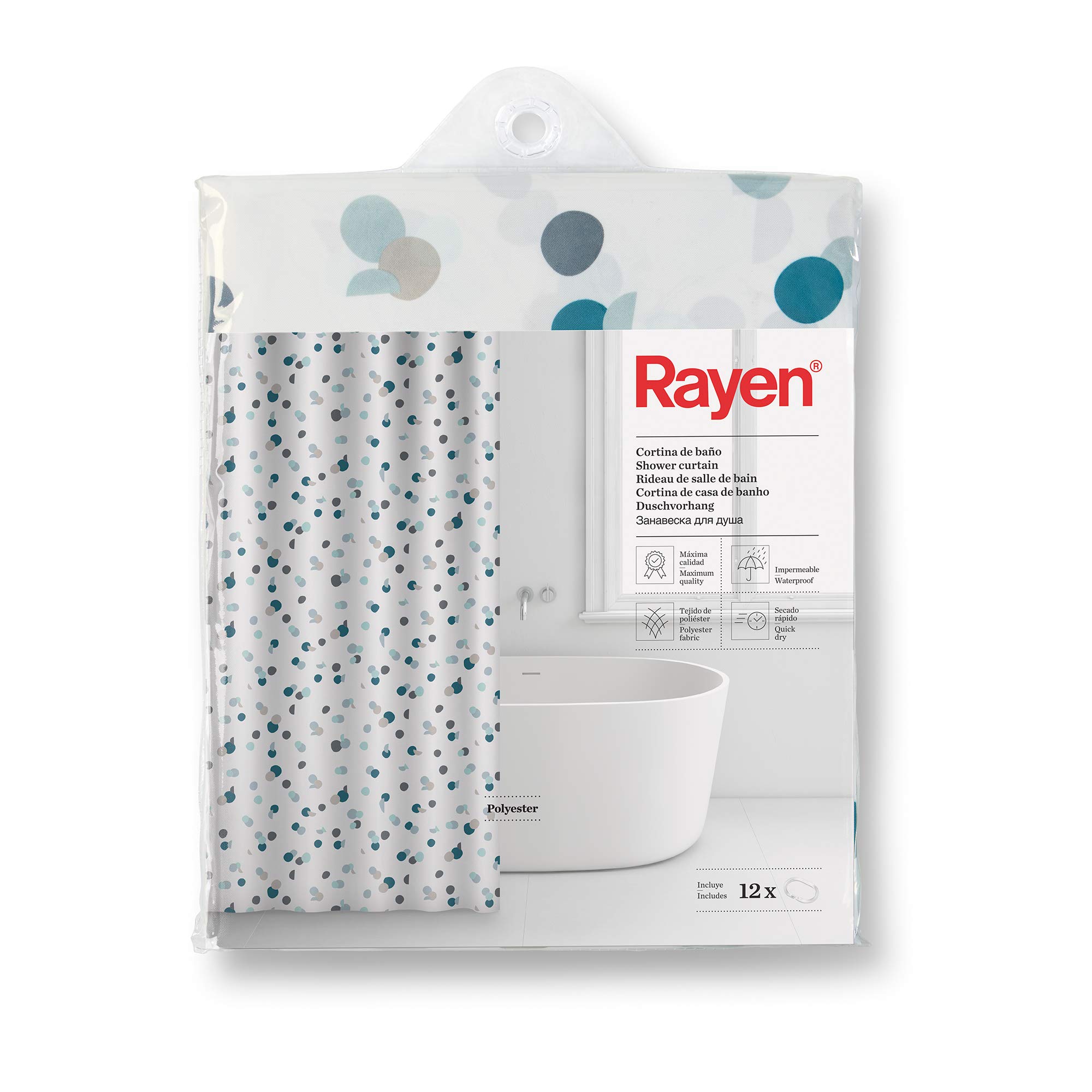Rayen White With Blue Dots | Bathroom Curtains | Shower Curtain Or Bath | Waterproof | Polyester | Quick Drying | Opaque, Pvc Rings | Includes 12 Hooks | 180 X 200 Cm |