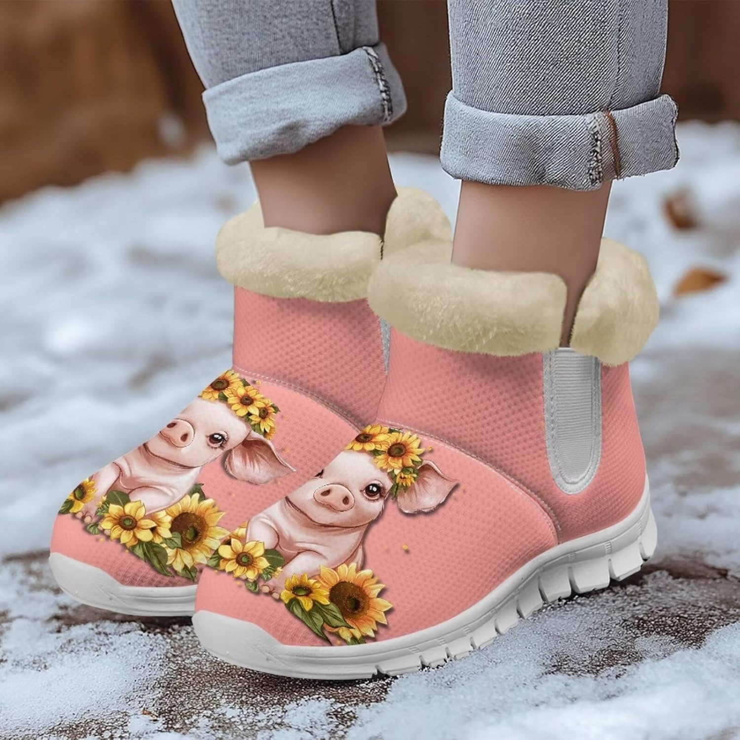 chaqlin Cute Pig Snow Boots Winter Warm Boots Flat Heels Anti Slip Wide for Women Resistant Cold Weat Boots Lightweight Flannel Plush Fur Lined Comfy Boots Casual Outdoor