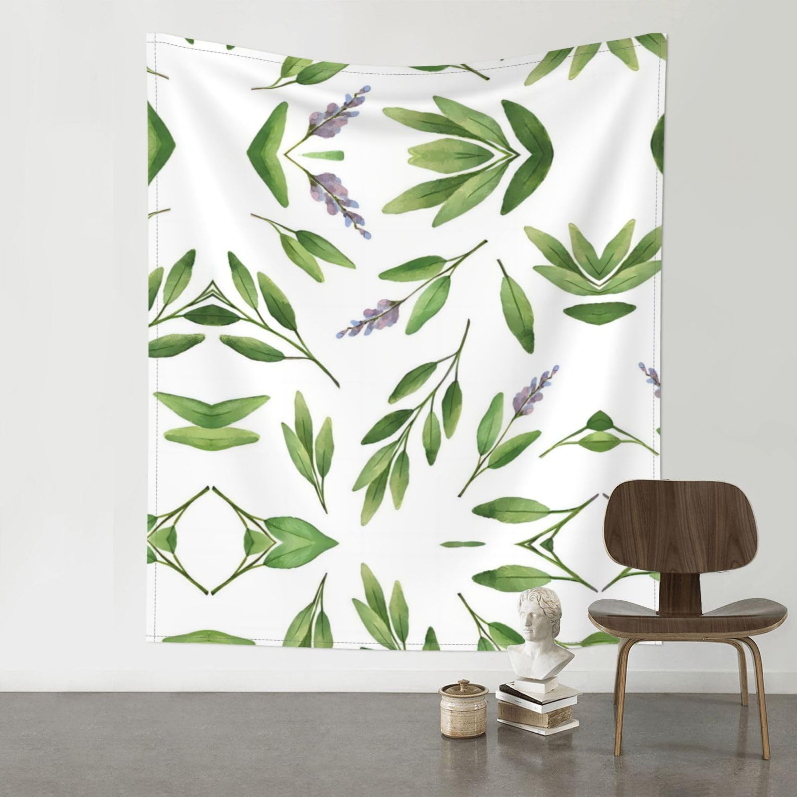 YYHWHJDE Green Flower Watercolor Herb Sage Leaves And Branches Prints 60x51in Wall Tapestry – High-Grade Polyester Throw for Dorm, Beach & Home Decor