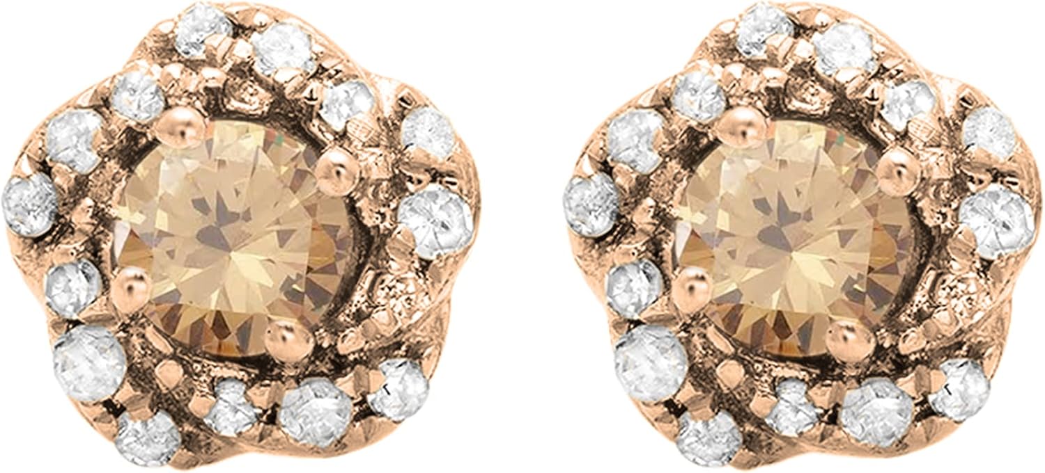 Dazzlingrock Collection 0.45 Ctw Round Champagne & White Natural Diamond Flower Shape Halo Stud Earrings for Her in Real Solid Gold