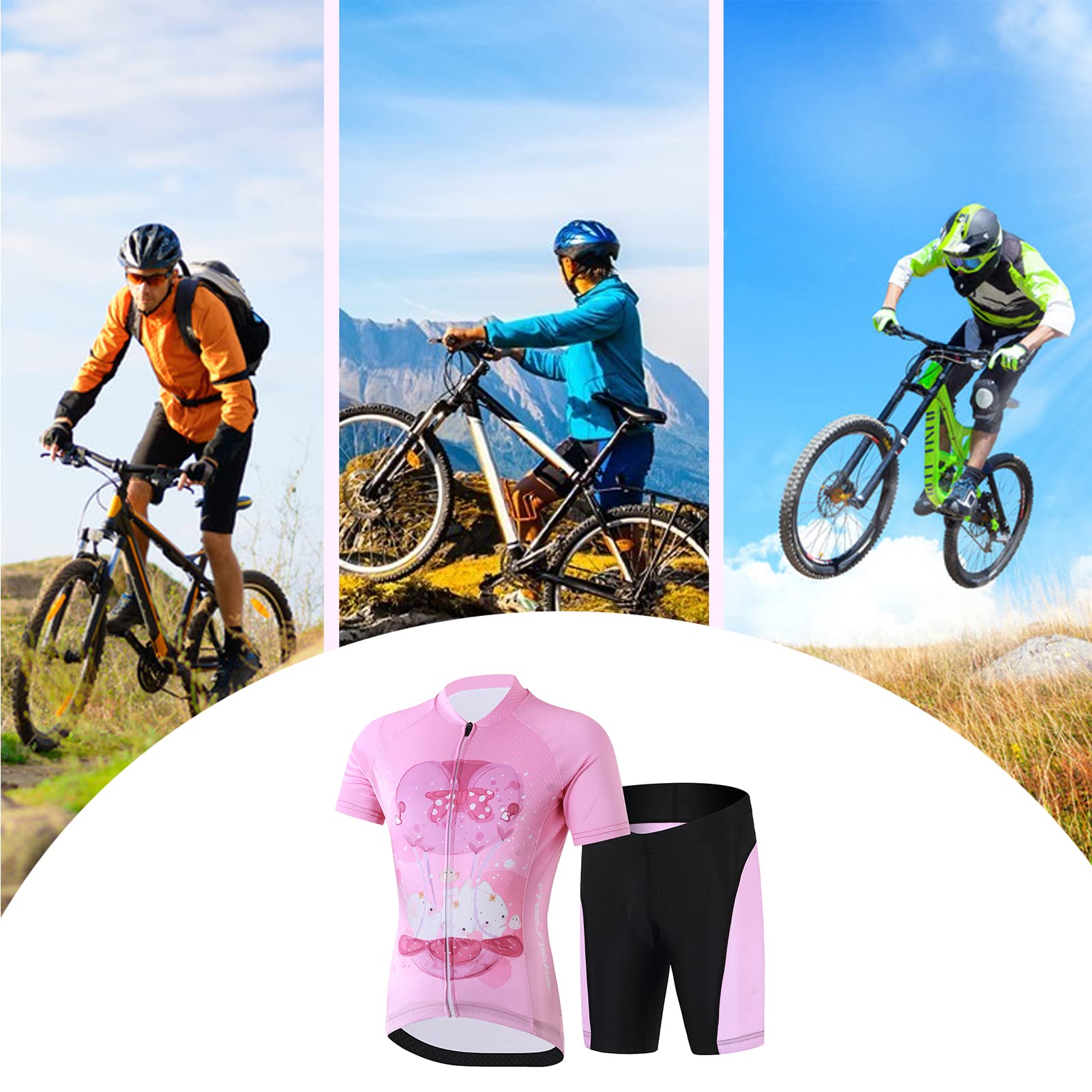 Kinder Radtrikot Set Jungen Radsport Bekleidung Mädchen Fahrrad Trikot Kurzarm & Kurz Radhose mit Sitzpolster