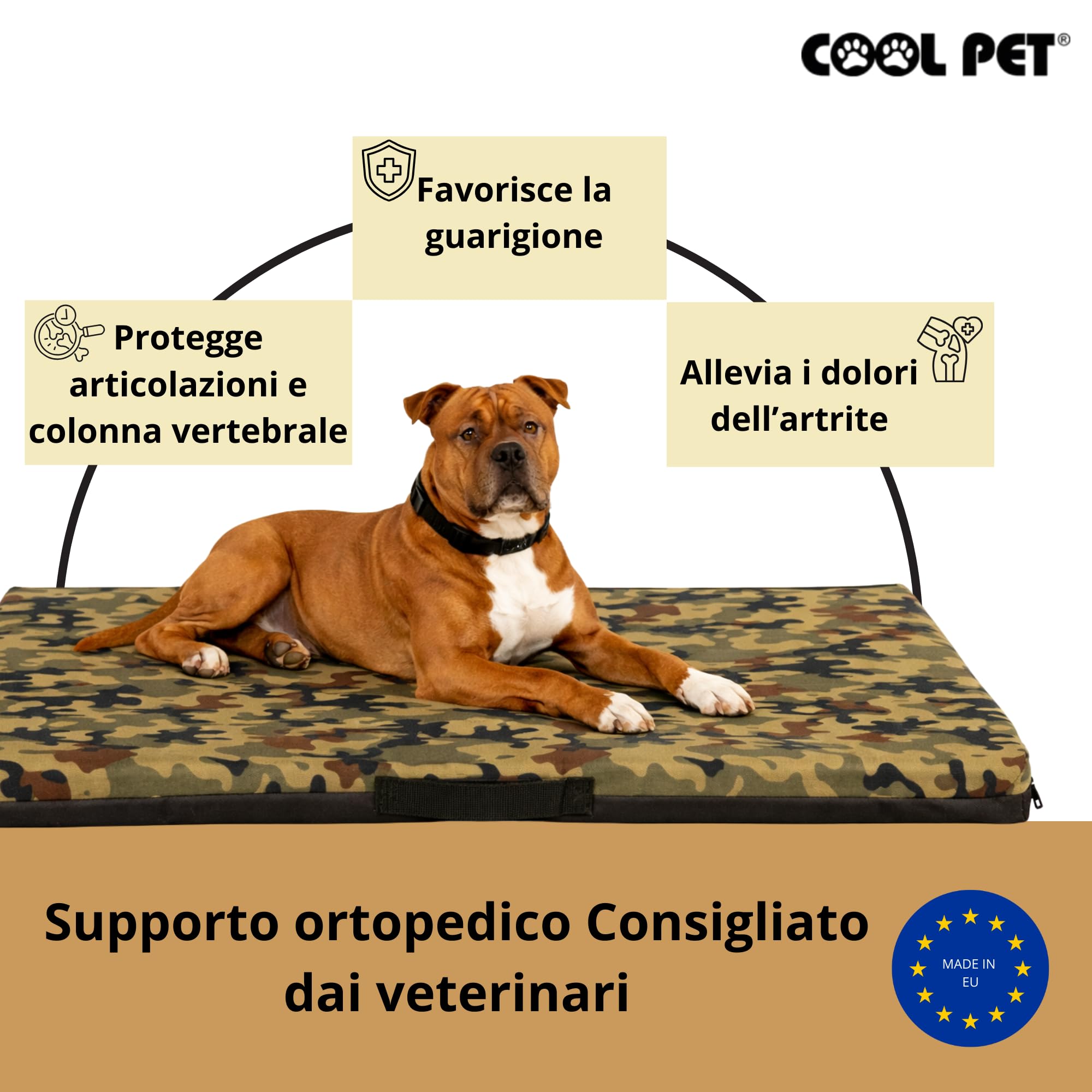 COOL PET Materasso per cani, spessore 5 cm, in schiuma fredda ortopedica (Memory Foam), tessuto Oxford 600D, con rivestimento in PVC, dimensioni 4XL-120 x 80 cm, mimetico 1