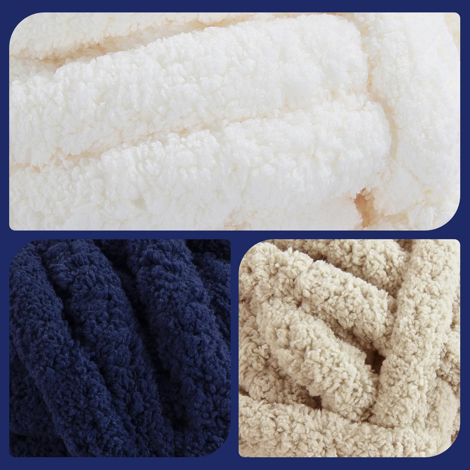HOMBYS Chunky Chenille Yarn for Crocheting, Super Bulky Jumbo Yarn for Hand Knitting, 3/4" Thick Soft Plush Yarn for Blankets, 8 Skein Pack (27 yds / 8 oz Each), Multi Assorted Cream Grey Navy