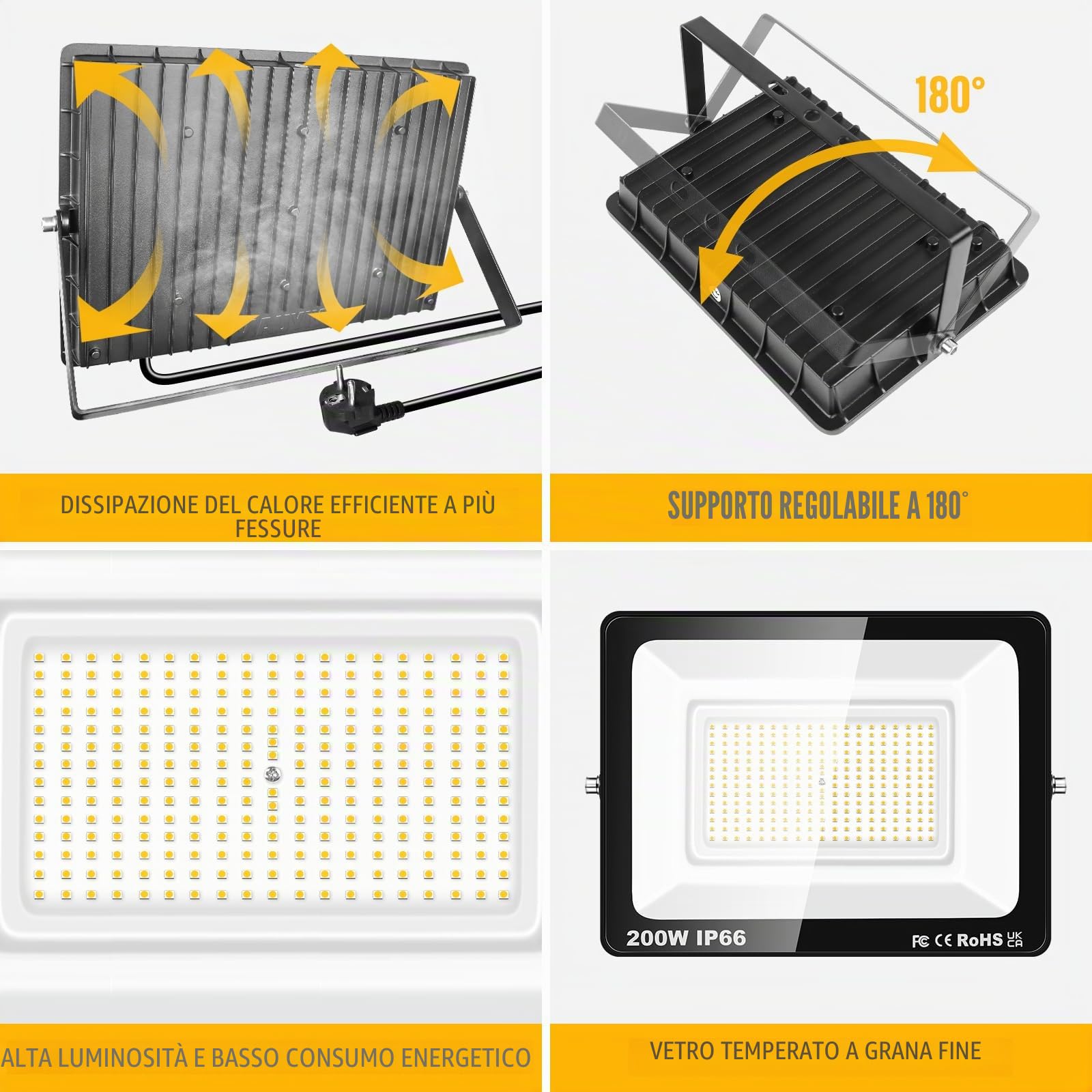 Willpower Faro LED Esterno 200W Faretti LED 3500K Bianco Caldo Con Spina